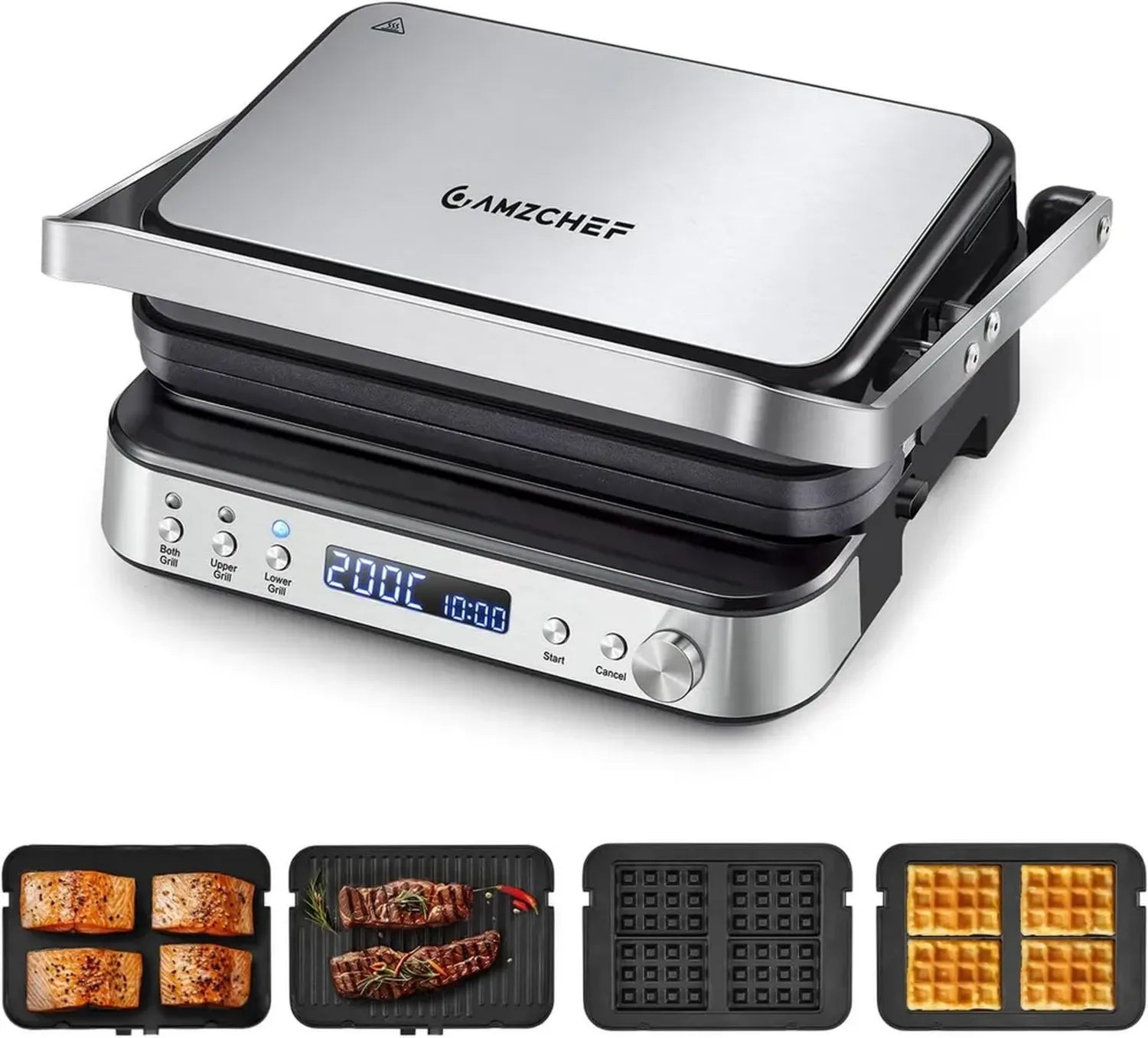 AMZCHEF 4-in-1 Multifunktionsgrill XXL - Kontaktgrill, Waffeleisen, Sandwichmaker, 2000W, Temperaturregelung 80-230°C, Timerfunktion, 180° aufklappbar, Antihaftbeschichtung, spülmaschinengeeignet