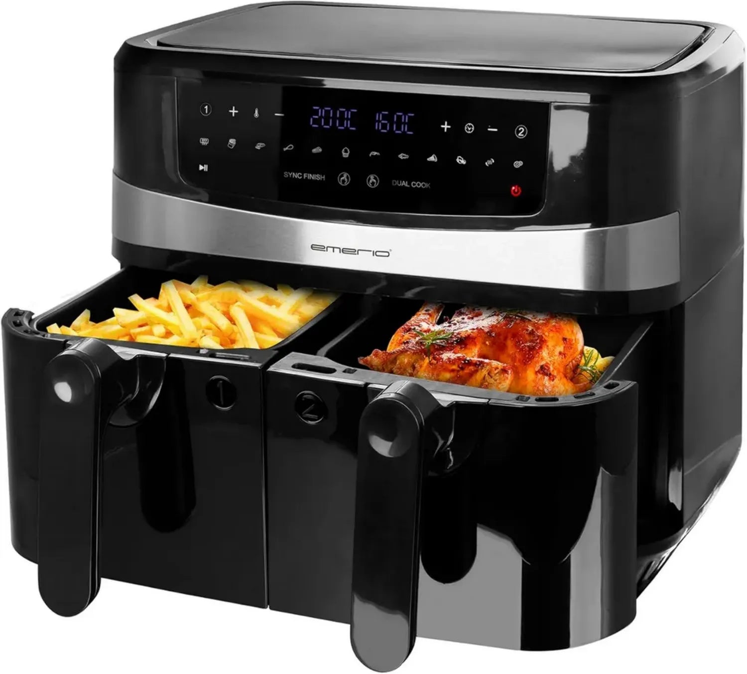 EMERIO 10L Heißluftfritteuse, digital, 12 Programme, BPA-frei, SMART FINISH, 2x5L Volumen