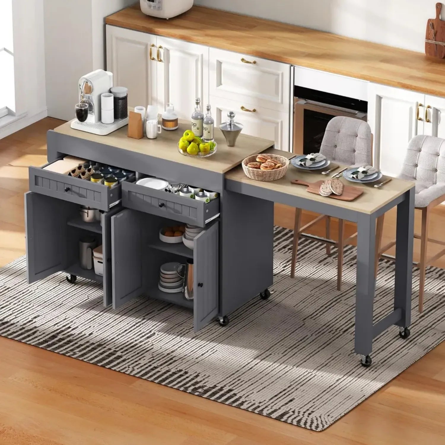Mobile Kücheninsel mit erweiterbarem Essbereich und Stauraum, ideal für Küche und Esszimmer, in Grau und Natur