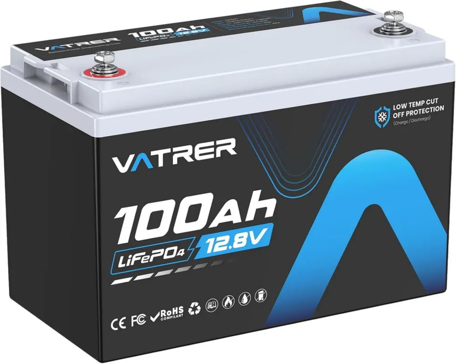 12V 100Ah LiFePO4 Batterie mit Kälteschutz & 100A BMS, über 5000 Zyklen, 1280W für Wohnwagen, Camping, Boot & Solarsysteme