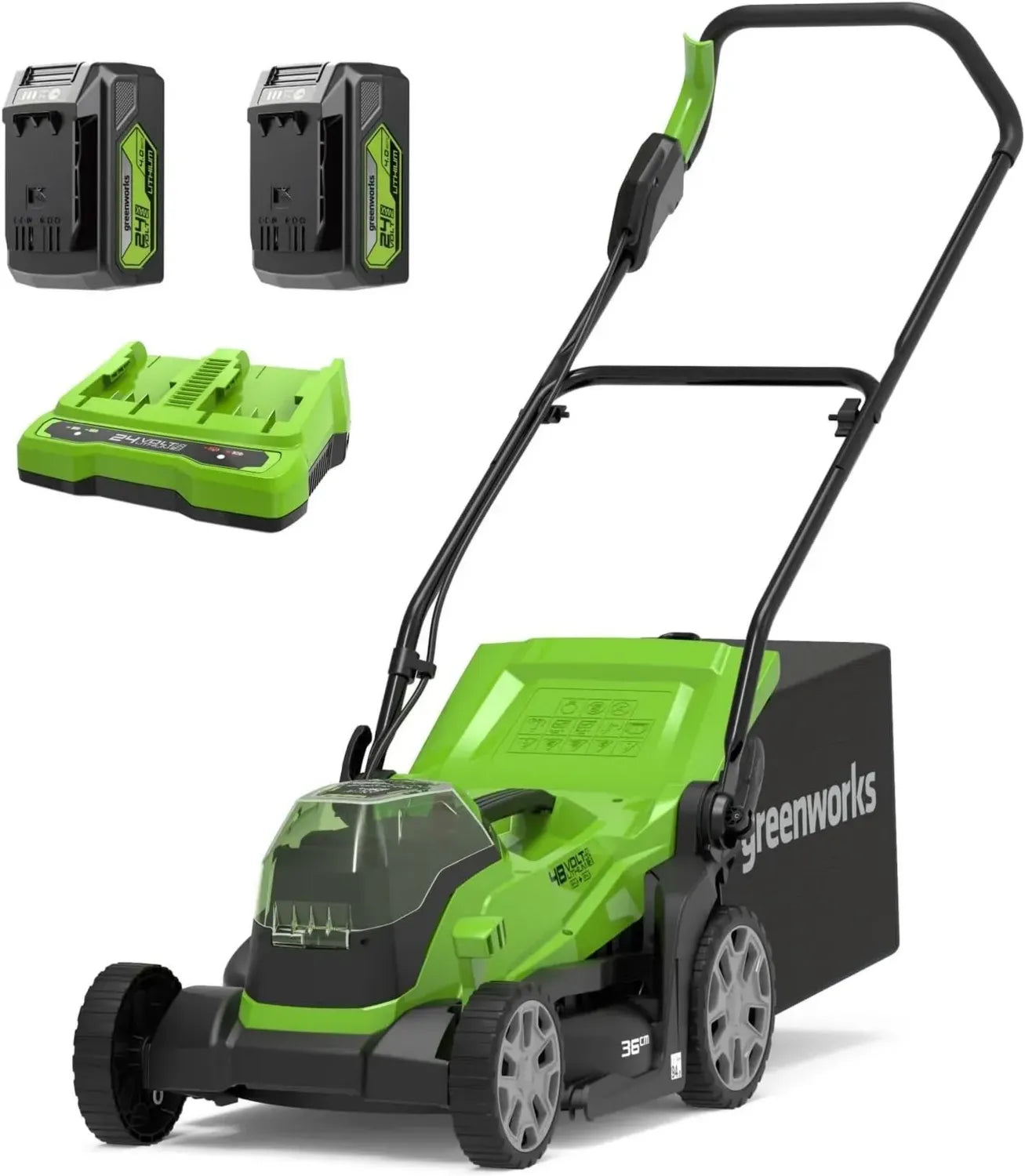Greenworks 48V Akku-Rasenmäher, 36 cm Schnitt, für 420 m², mit 40L Fangkorb und 2x 4Ah Akkus, inkl. Doppelladegerät, 3 Jahre Garantie