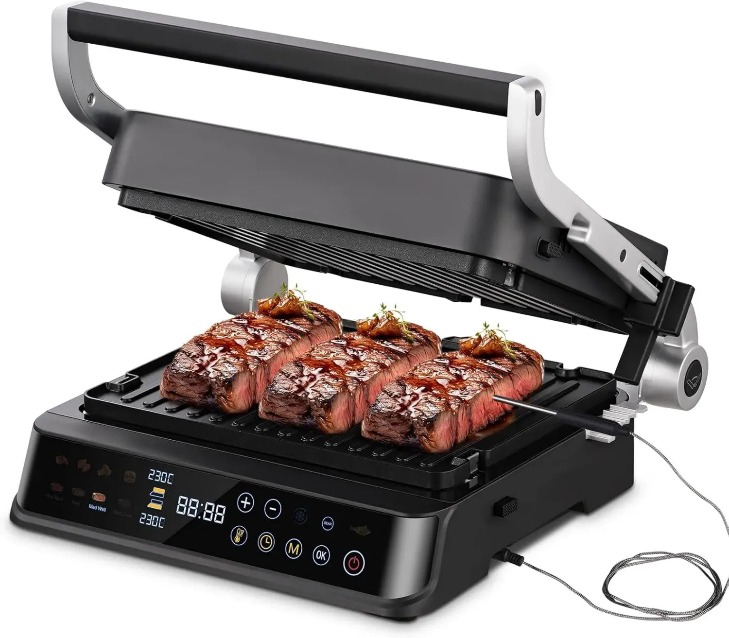 AMZCHEF Multifunktionaler Kontaktgrill 4-in-1 mit Temperaturfühler & GrillBoost, 280°C – Elektrischer Grill mit wechselbaren Antihaftplatten für vielseitiges Grillen – 2000 W, spülmaschinenfest
