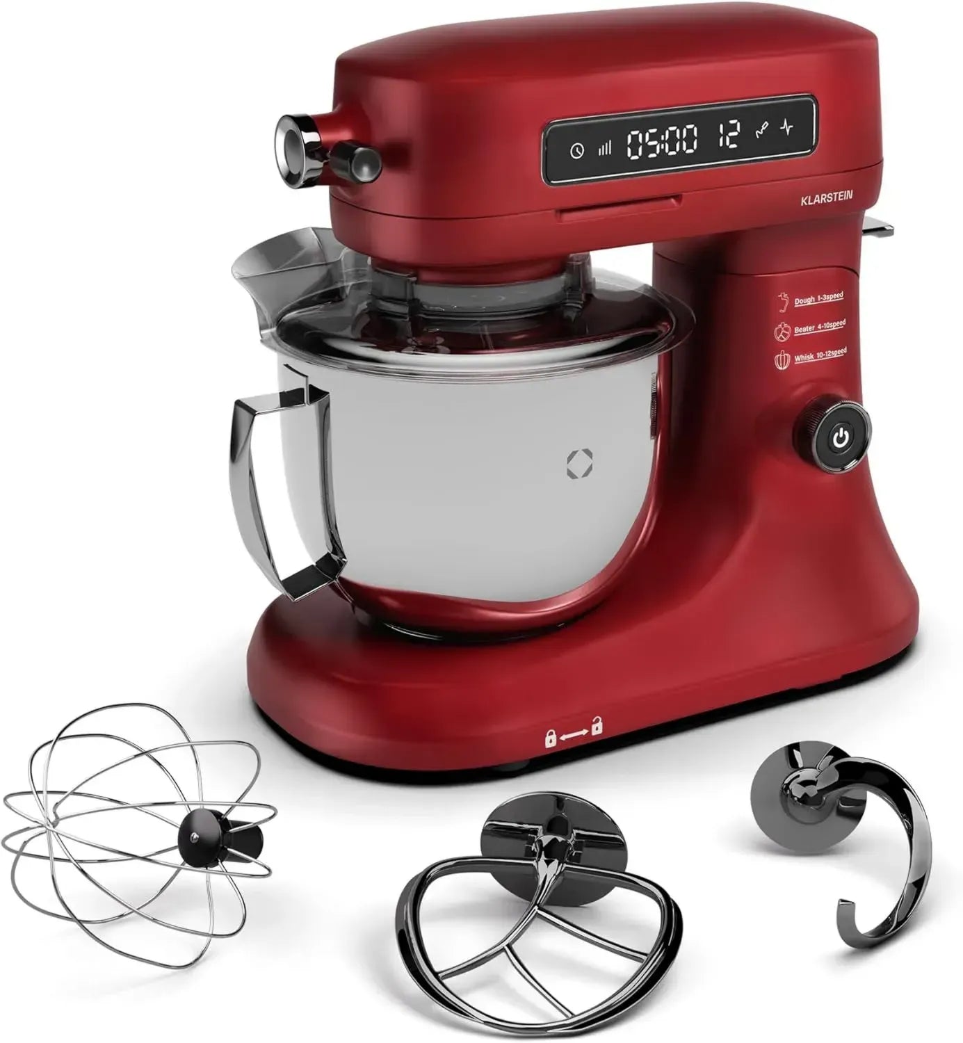 Klarstein Chiara Küchenmaschine 1600W, 5L Schüssel, 12 Stufen, Touch-Display, Leise ≤72 dB, Spülmaschinenfest, Rot