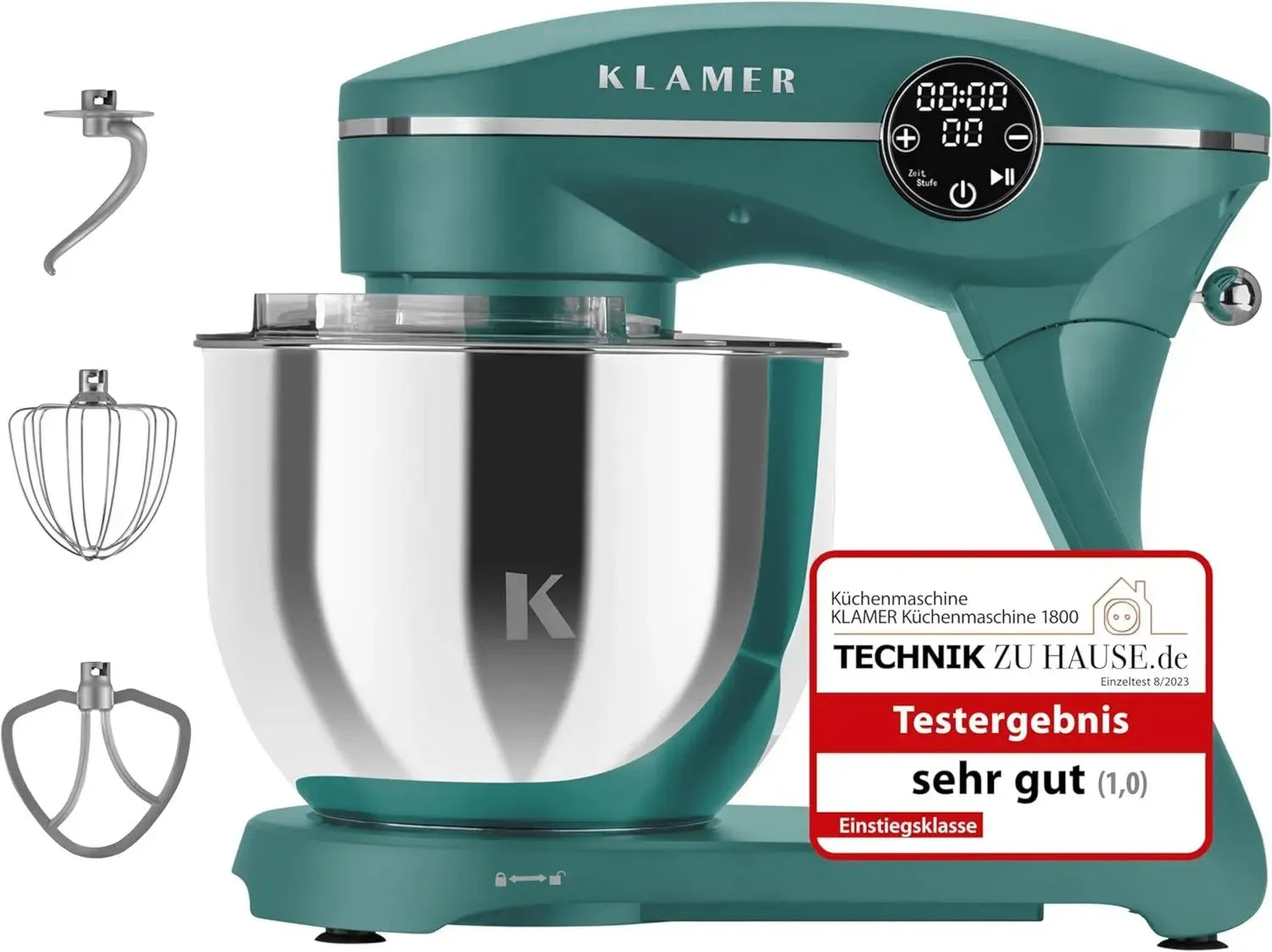 KLAMER Küchenmaschine 1800W, 6L Edelstahlschüssel, 10 Geschwindigkeiten, Planetenrührwerk & Timer, inklusive Rührbesen, Knethaken, Schneebesen & Sichtdeckel (Türkis)