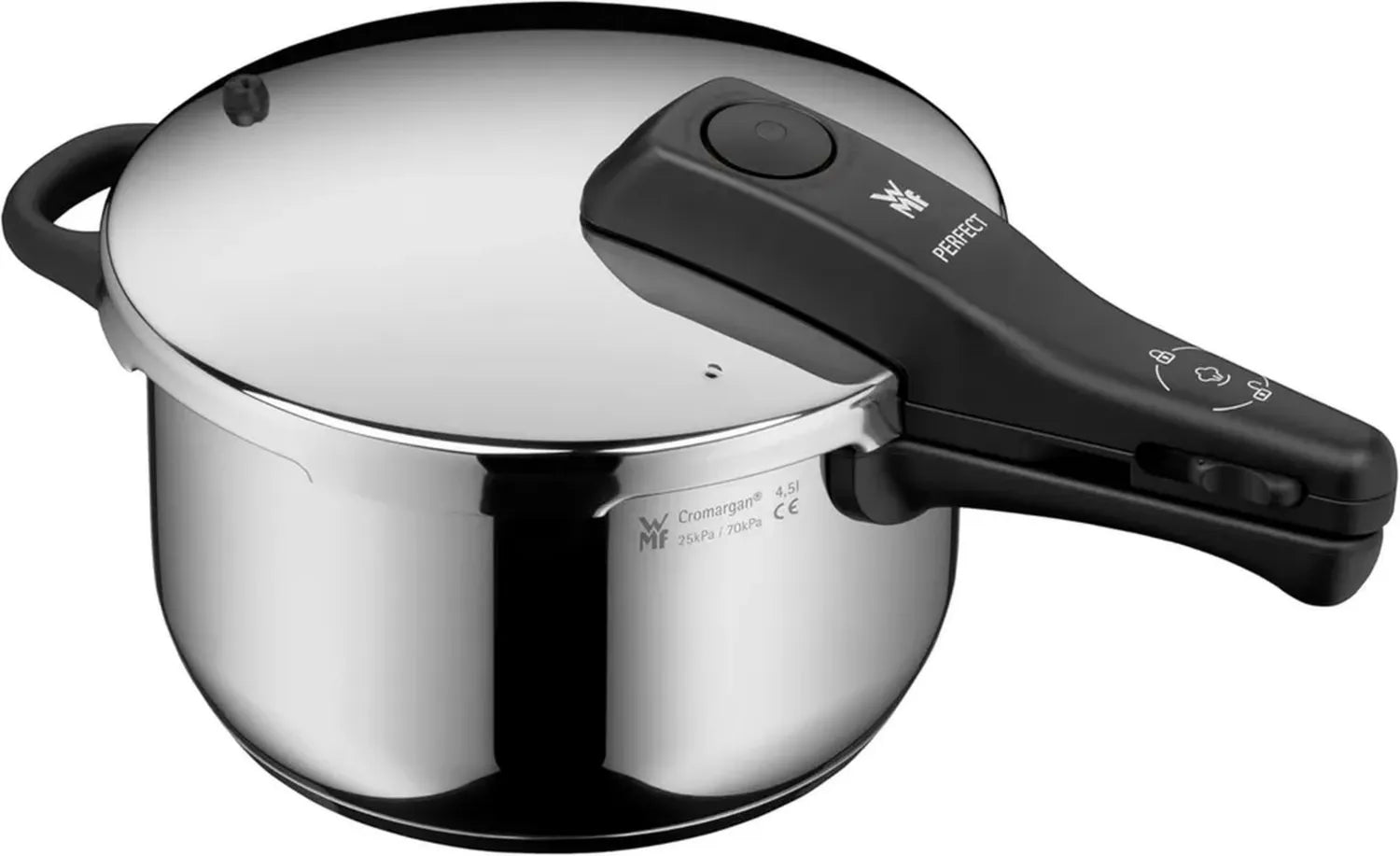 WMF Hochleistungs-Schnellkochtopf 4,5l Induktion, Einfaches Dampfventil, Zwei Druckstufen, Abnehmbarer Griff, Edelstahl