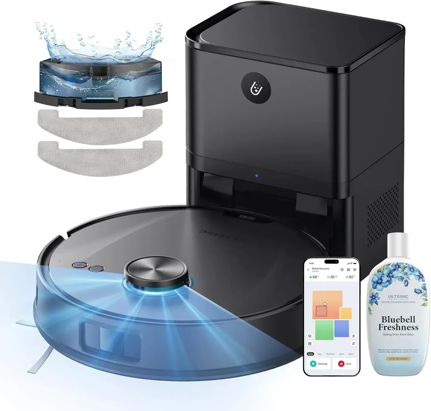 Ultenic T20 Pro Saugroboter, 8000 Pa mit Wisch- und Absaugstation, ideal für Tierhaare und Teppiche, intelligente Laser-Navigation, App-Steuerung