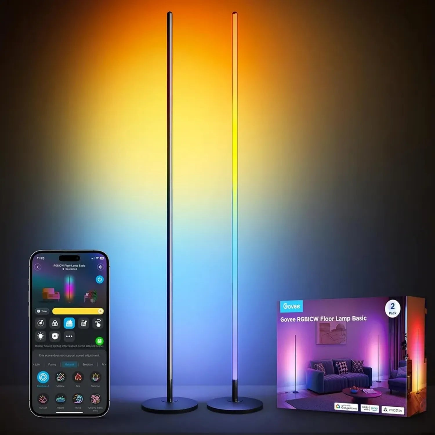 Govee RGBICW LED Stehlampe 2er-Pack für Wohnzimmer, Dimmbar mit WiFi, Kompatibel mit Alexa und Matter, 16 Mio. Farben, 85 Szenen, Musik- und DIY-Modus, Standleuchte in Schwarz