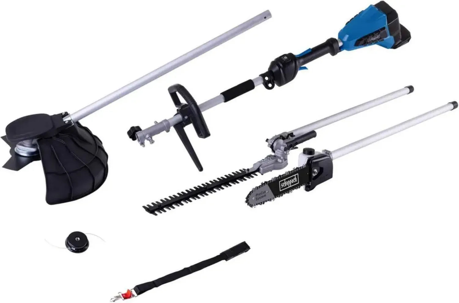 Scheppach 20V Akku-Multifunktionsgerät 4in1 für Gartenarbeiten, bürstenlos – Rasentrimmer, Motorsense, Heckenschere, Hochentaster – 10 Jahre Garantie