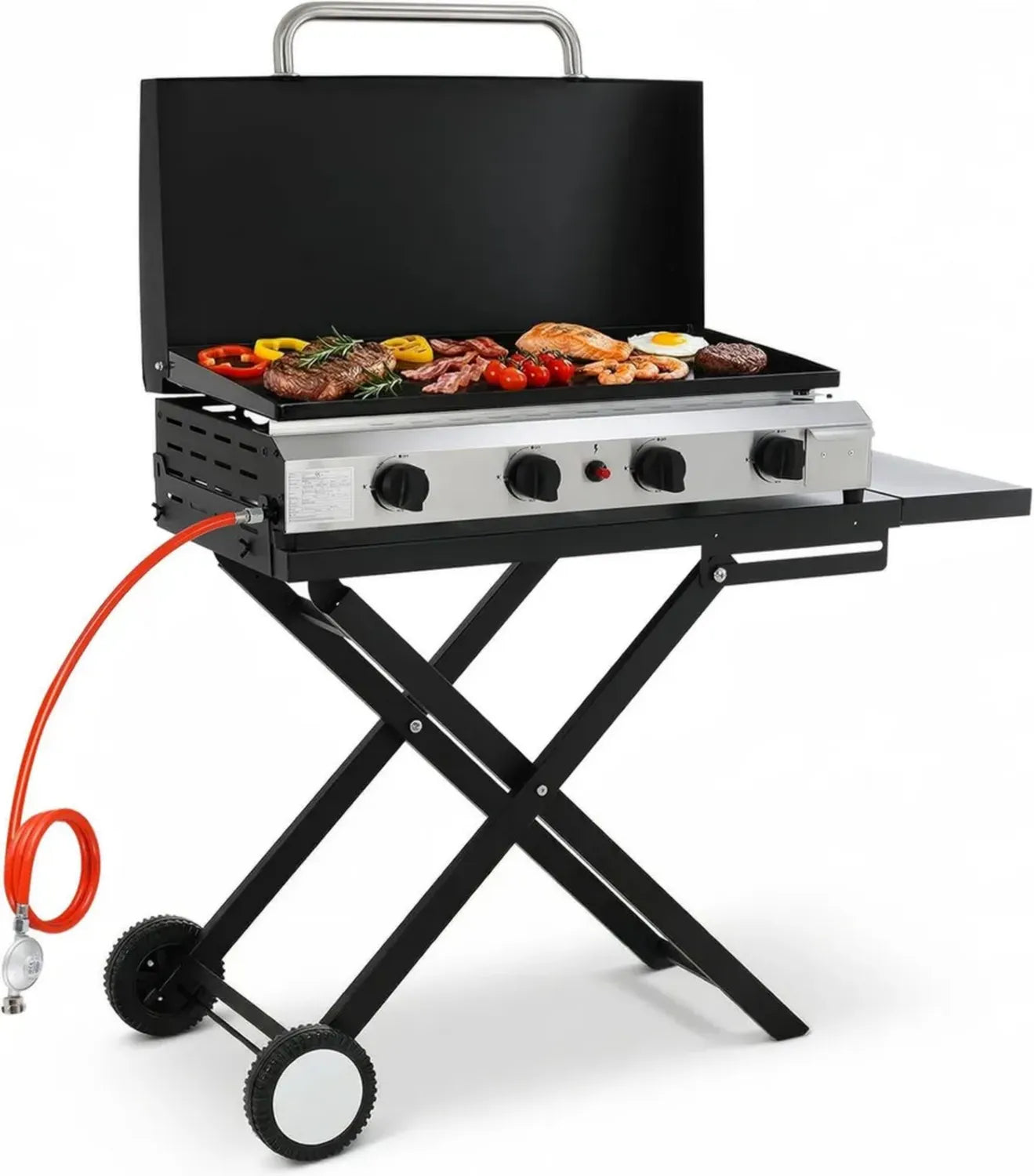 LIFERUN Tragbarer Klappgrill mit 4 Brennern, 9.6kW Leistung, inkl. abnehmbarer Grillstand, ideal für Camping und Terrasse, Schwarz