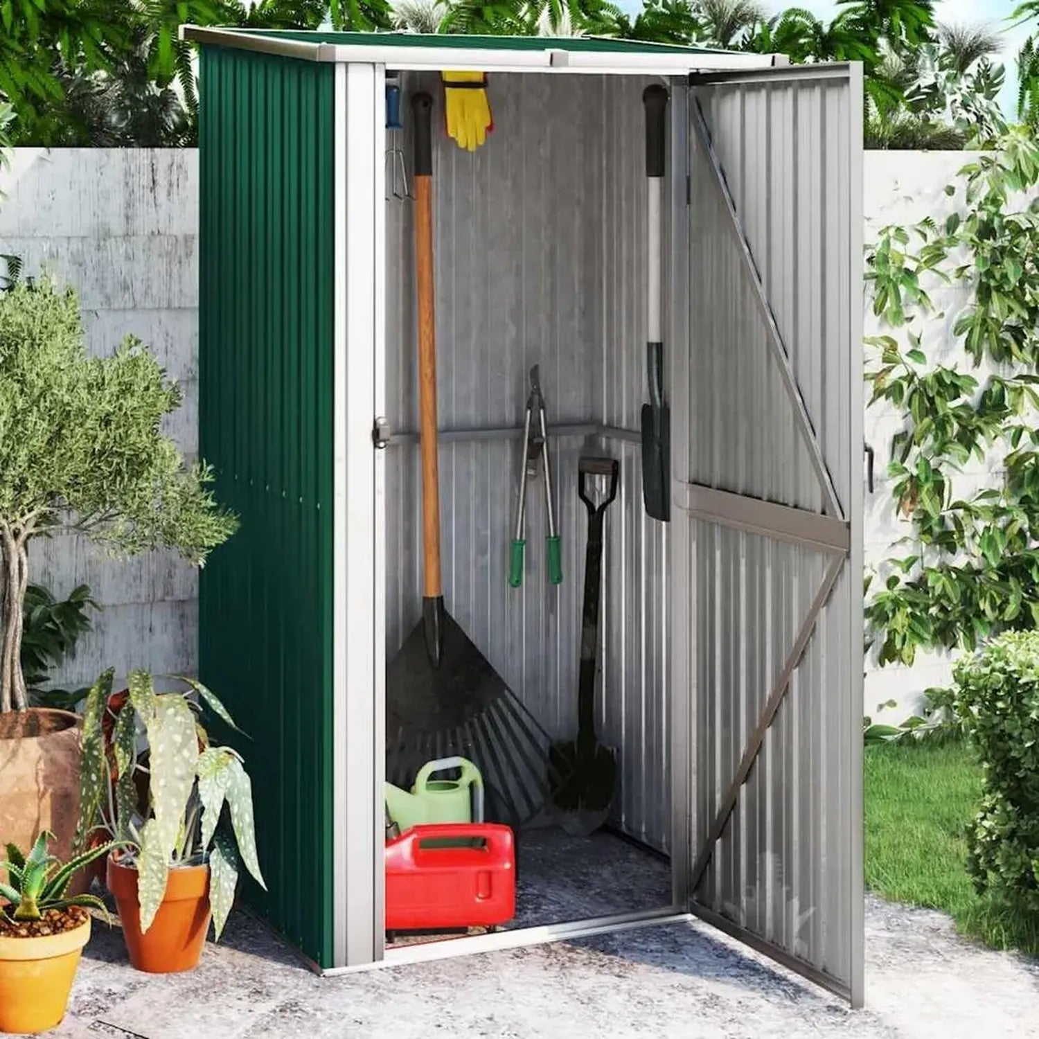 Wetterfestes Metall-Gartenhaus mit Flachdach und abschließbarer Tür, ideal für den Außenbereich, Grün, 118,5x97x209,5 cm, aus verzinktem Stahl