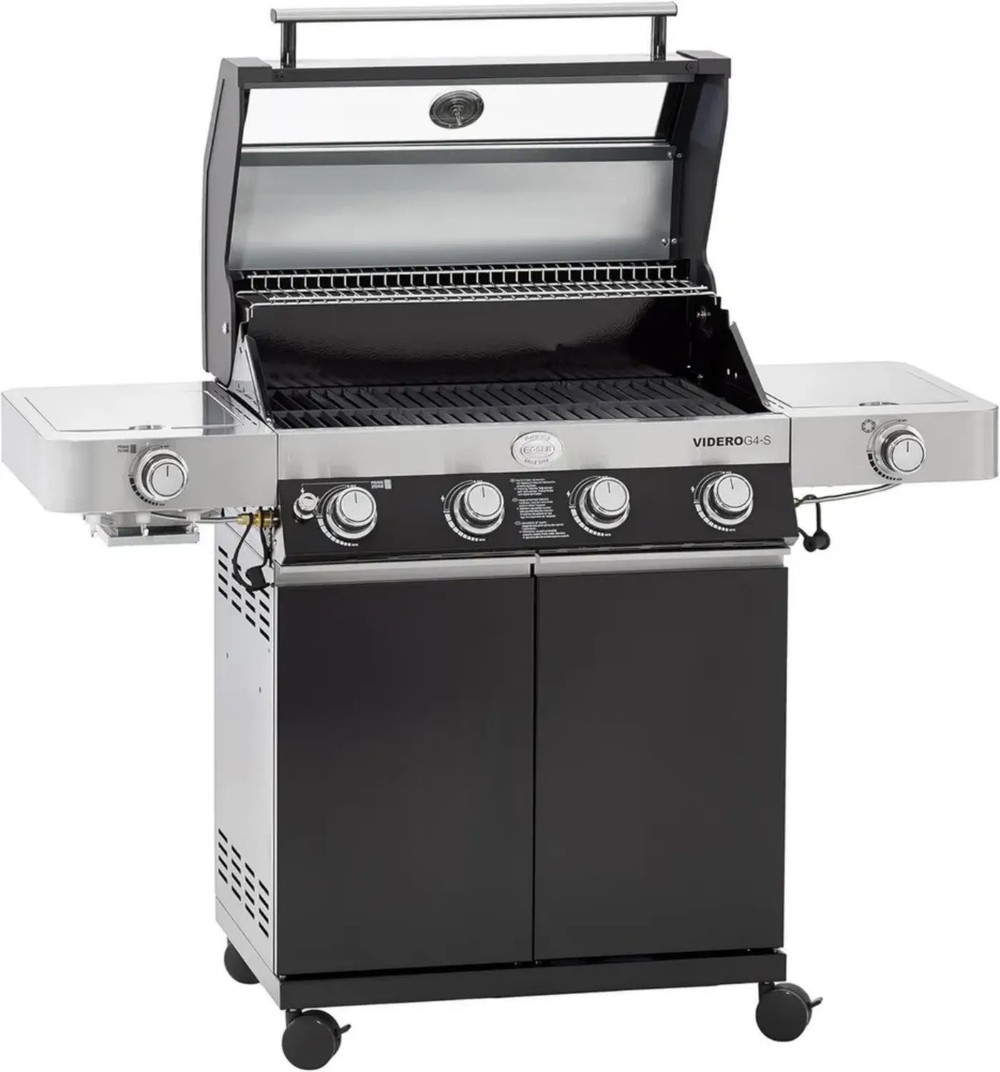 RÖSLE Gasgrill VIDERO G4-S Schwarz, 4 Brenner, Primezone & Seitenbrenner, klappbare Tische, VARIO+, pulverbeschichteter Stahl