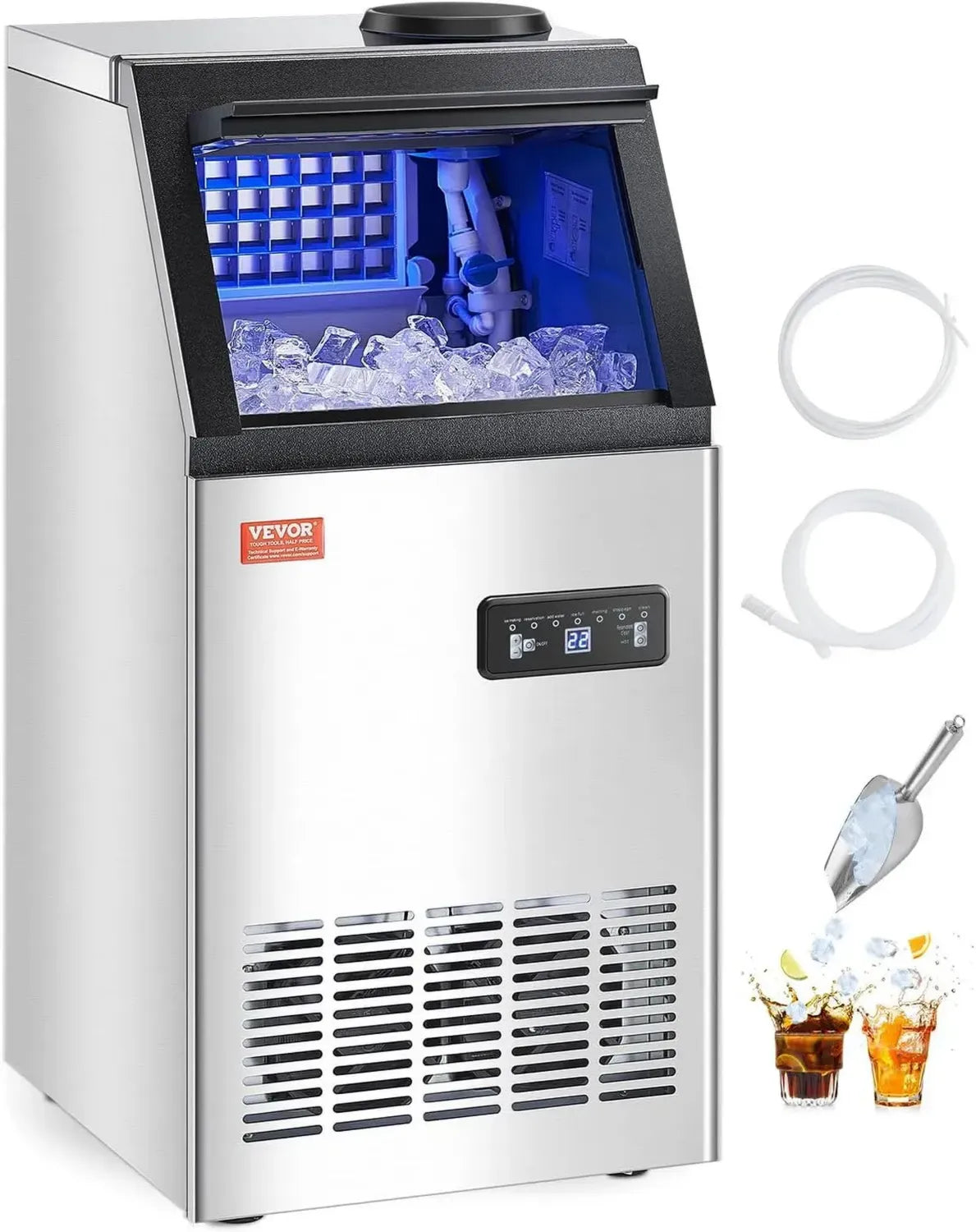 VEVOR Gewerbliche Eismaschine 54 kg/Tag, 13 kg Speicher, 36 Würfel in 15 Min., LED-Digitalanzeige, Zwei Wasserzufuhrmöglichkeiten, Ideal für Bar, Büro, Restaurant