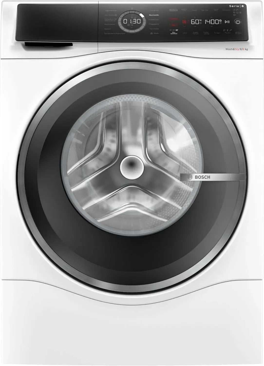 Bosch Waschmaschine Serie 8, 9 kg Waschkapazität, 6 kg Trockenkapazität, 1400 U/min, Fleckenentfernung, Bügelhilfe, Schnellprogramm, Hygienepflege, Home Connect, AquaStop, Weiß