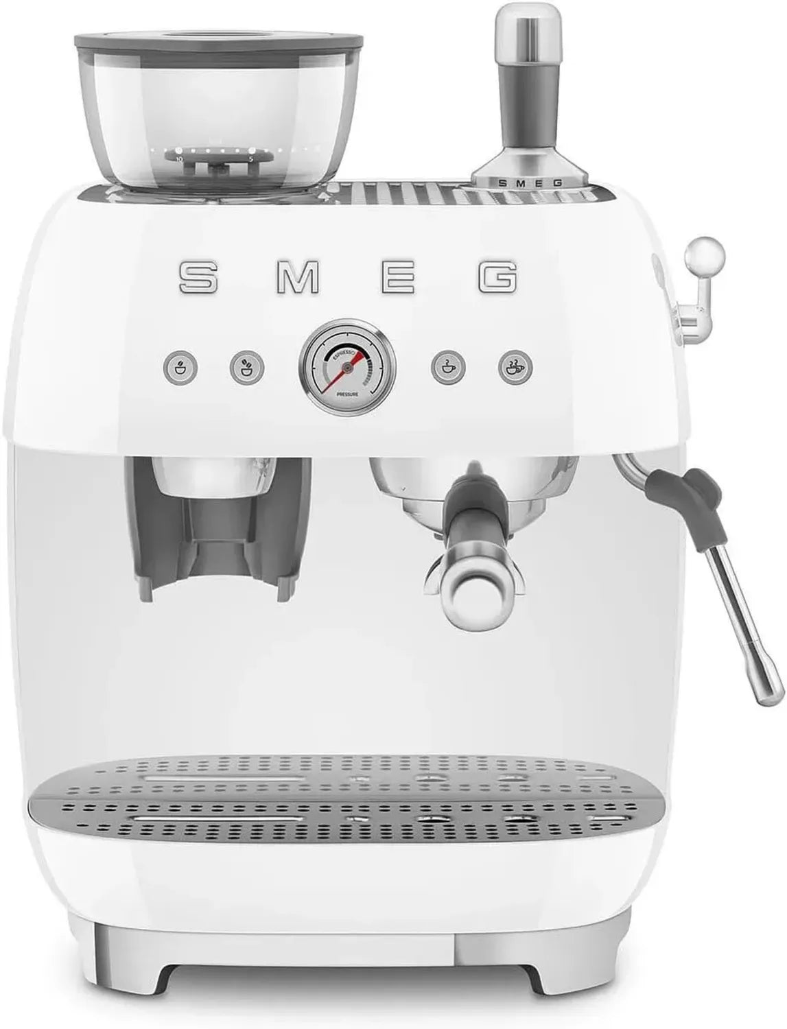 Smeg EGF03WHEU Espressomaschine mit Kaffeemühle, Thermoblock und Dampfdüse, 4 Temperaturstufen, 1L Tank, Weiß