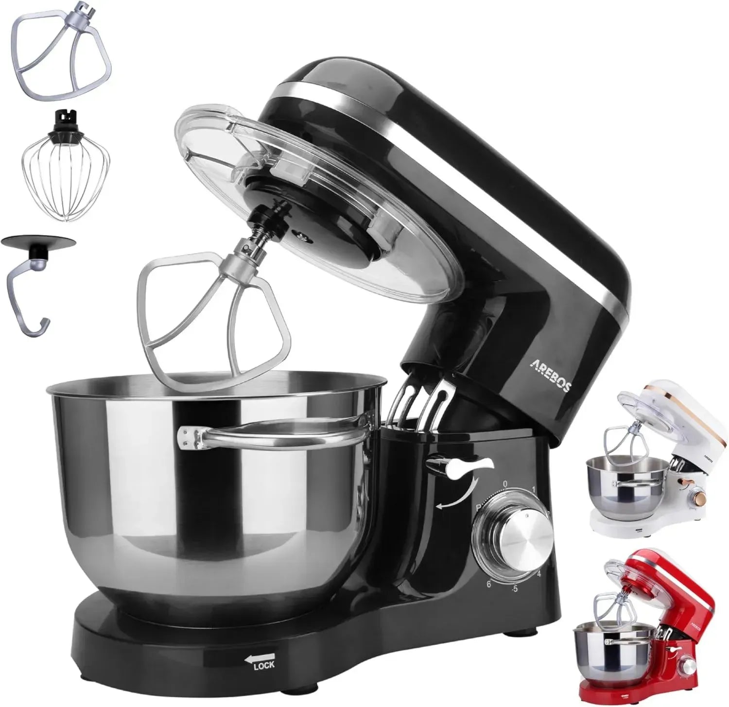 Arebos 1500W Küchenmaschine, 6L Edelstahlschüssel, Schwarz, inkl. Haken & Schneebesen, Spritzschutz, 6 Geschwindigkeiten