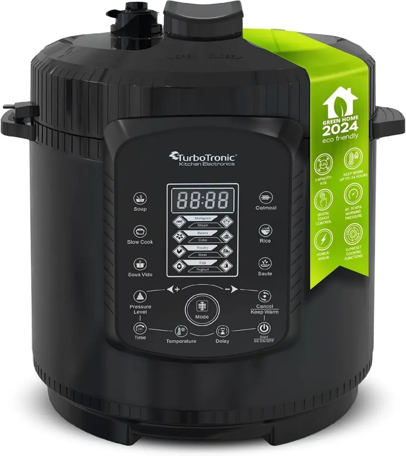 TurboTronic Elektrischer Druckkochtopf 6L, Schwarz, inkl. Edelstahl- und Antihafttopf