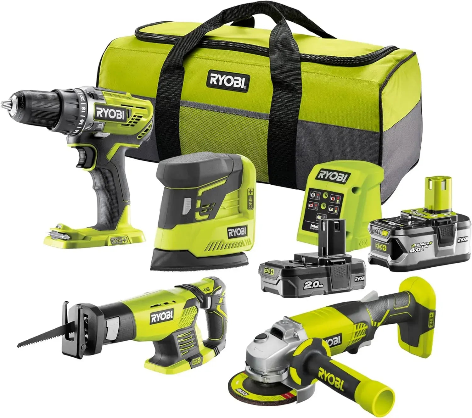 RYOBI 18V ONE+ Kombi-Set mit 8 Teilen, inkl. 2,0 Ah und 4,0 Ah Akkus sowie Ladegerät