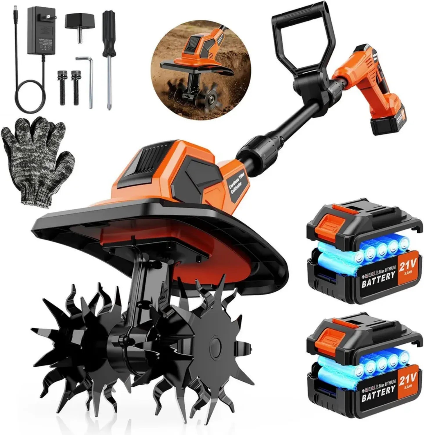 Kabellose Elektro-Bodenhacke 21V, inklusive 2 x 3.0Ah Akkus, 600W bürstenloser Motor, 400 U/min, 23 cm Arbeitsbreite, 17 cm Arbeitstiefe, verstellbarer Griff, ideal für Gartenbearbeitung