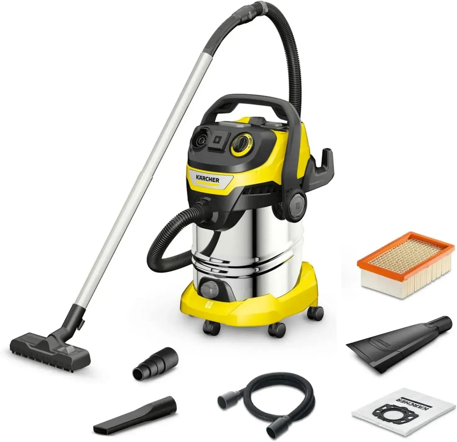 Kärcher Mehrzwecksauger WD 6 Premium, 1300 W, 30 l Edelstahlbehälter, 2,2 m Saugschlauch, Steckdose, Blasfunktion, Autozubehör