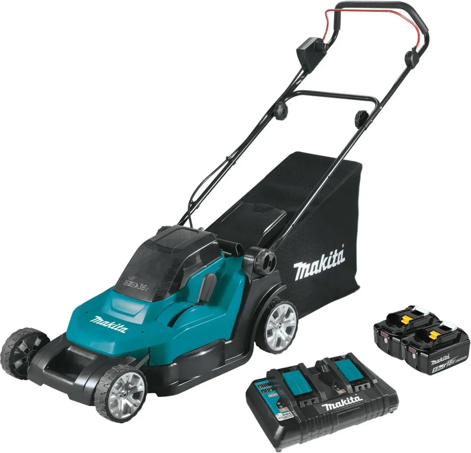 Makita Akku-Rasenmäher 36V mit 2 Akkus und Doppelladegerät