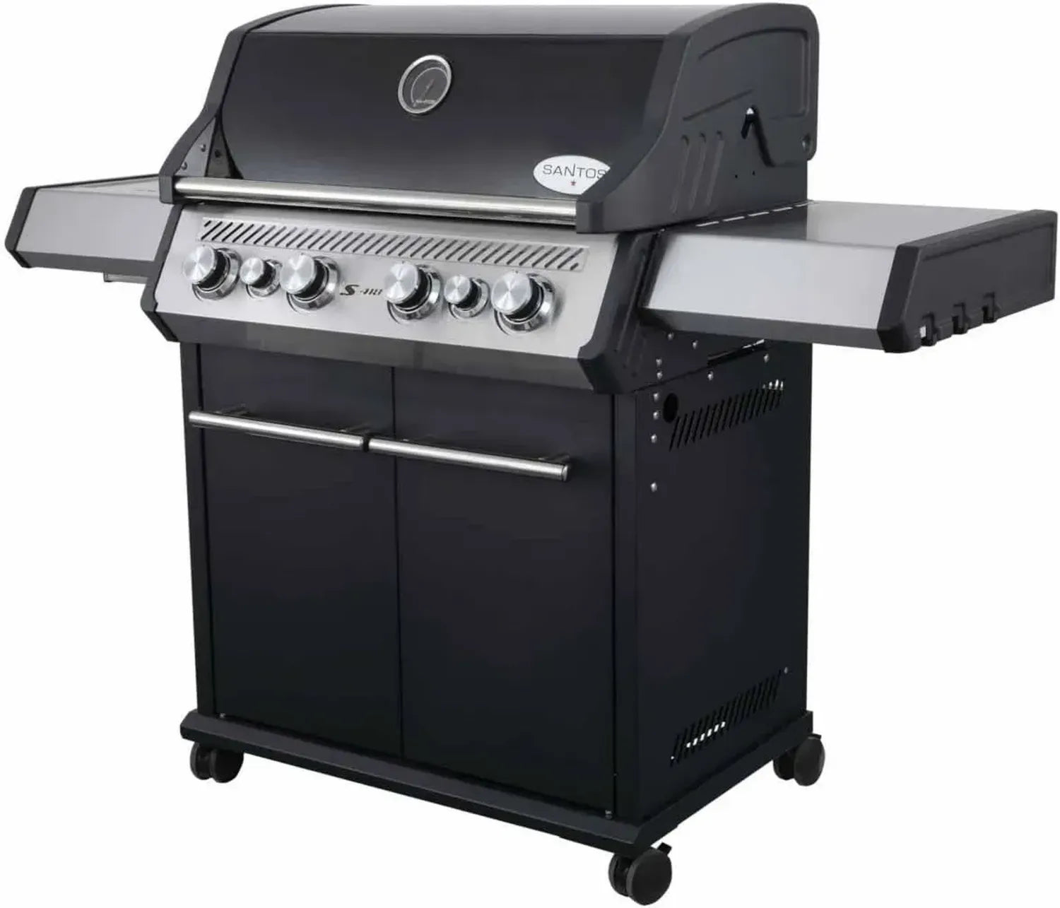 SANTOS Gasgrill S-418 Schwarz - 4 Brenner, Heckbrenner, 800°C Zone, Gusseiserne Roste, Inkl. Drehspieß & Zubehör