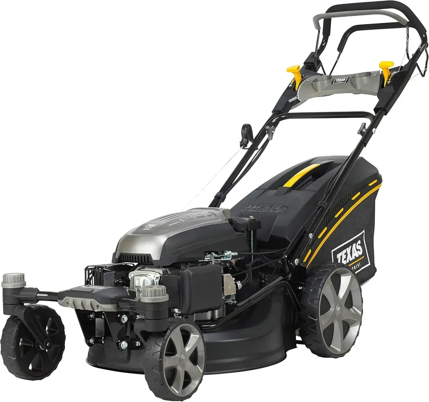 TEXAS Benzin-Rasenmäher mit leistungsstarkem Antrieb, E-Start, 3-in-1-Funktion, schwenkbarer Vorderachse, 51 cm Schnittbreite
