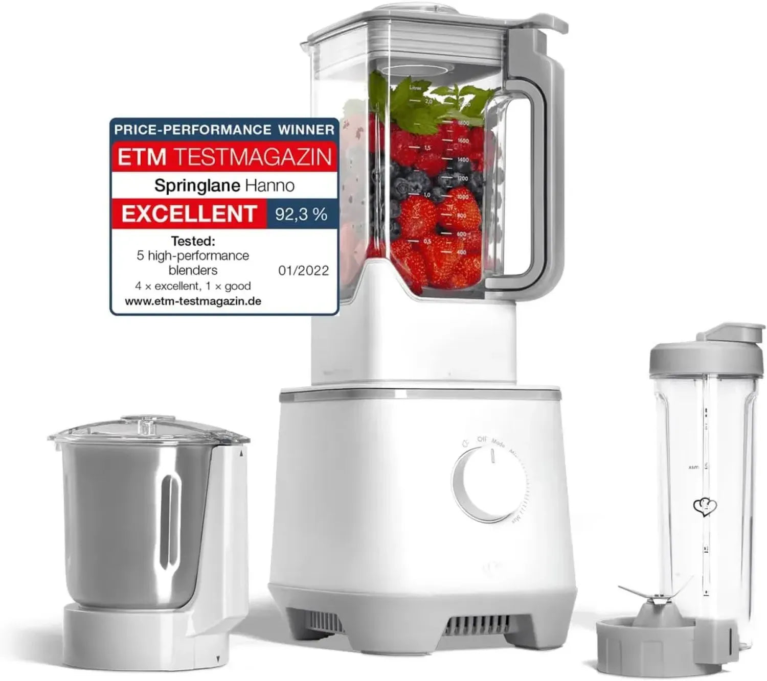 SPRINGLANE Profi-Mixer Hanno 2000W, 32.000 U/min, 4 Modi, Selbstreinigung, 2,5L BPA-freier Tritan-Behälter, Edelstahl & To-Go-Flasche