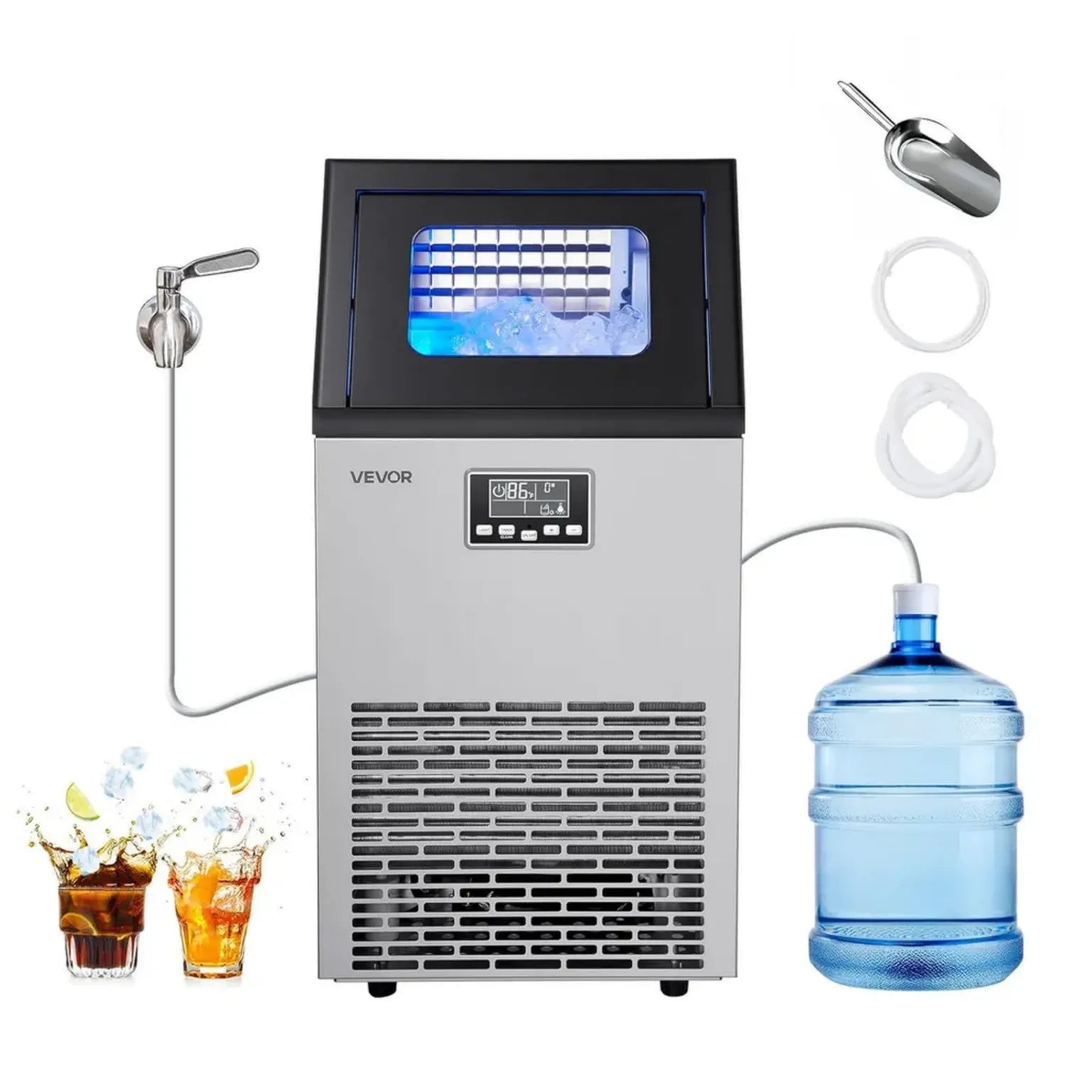 VEVOR Gewerbliche Eiswürfelmaschine 54 kg/Tag, Edelstahl, LED-Anzeige, Selbstreinigung, freistehend/unterbaufähig