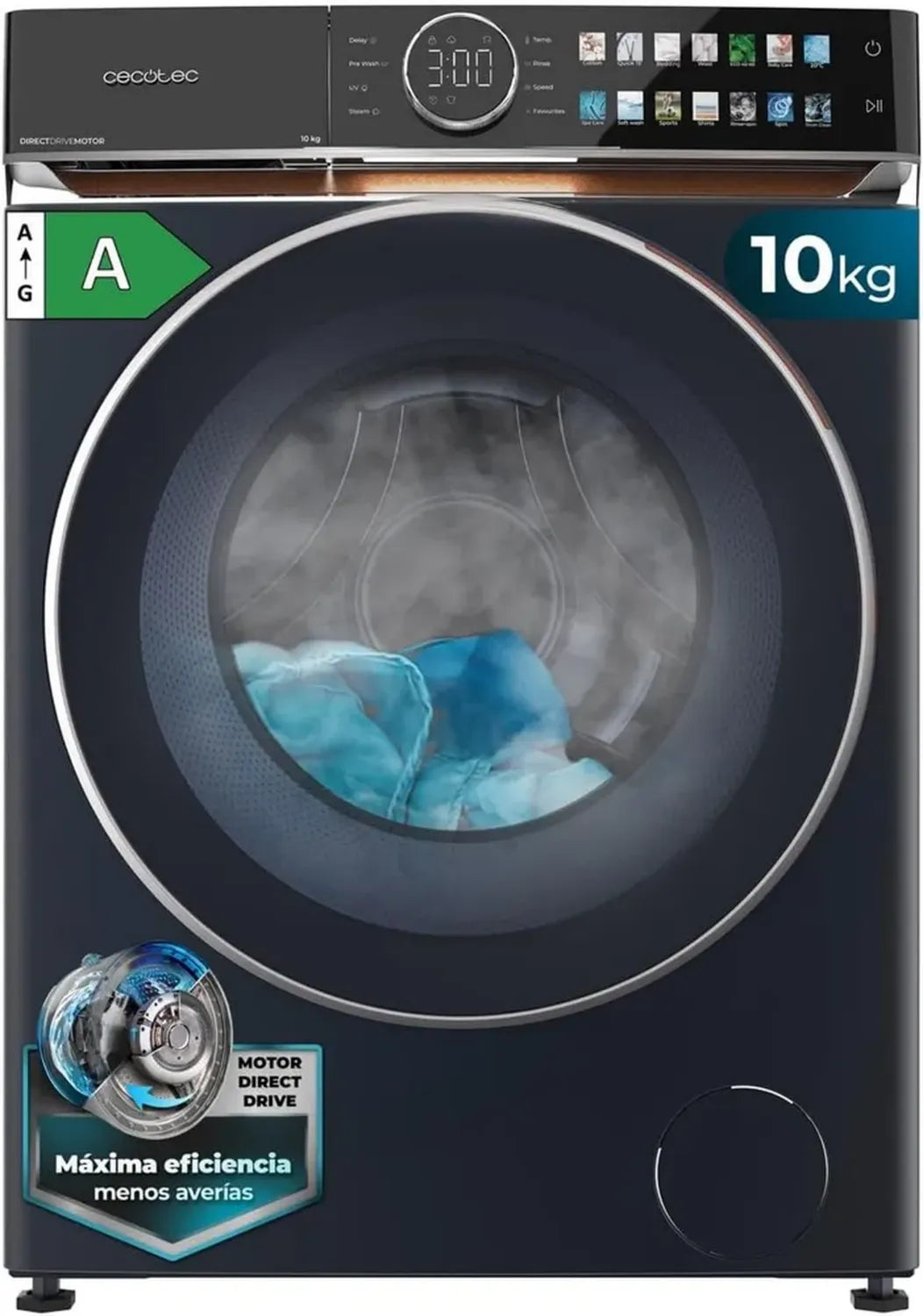 Cecotec 10 kg Frontlader Waschmaschine, Direct-Drive-Motor, 1400 U/min, Energieeffizienzklasse A, UV-Licht, XXL-Tür, FullColor-Display