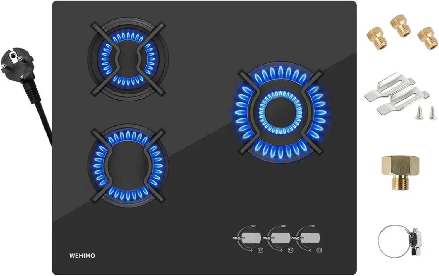 Gaskochfeld 3-flammig 59cm, Einbau, 7750W, für Propan- und Erdgas, Schwarzes Glas