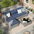 Amopatio Gartenmöbel-Set aus Polyrattan, 5-teiliges Lounge-Set mit Sofa, Sesseln und Glastisch, ideal für Garten und Terrasse, grau-meliert mit blauen Bezügen