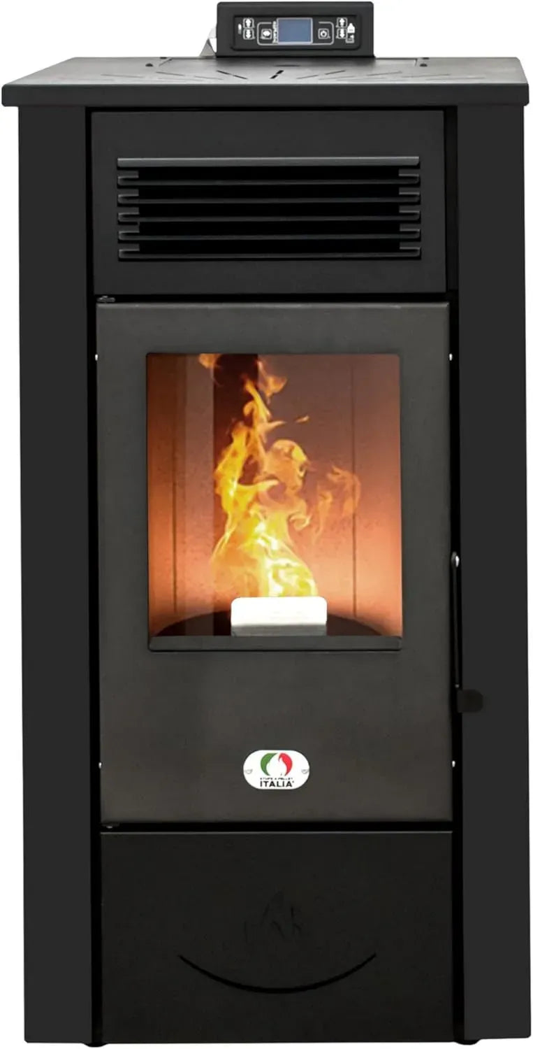 Hocheffizienter Pelletkaminofen 12 kW mit WiFi-Steuerung, 120m² Heizbereich, 5-Sterne-zertifiziert, programmierbar, Schwarz