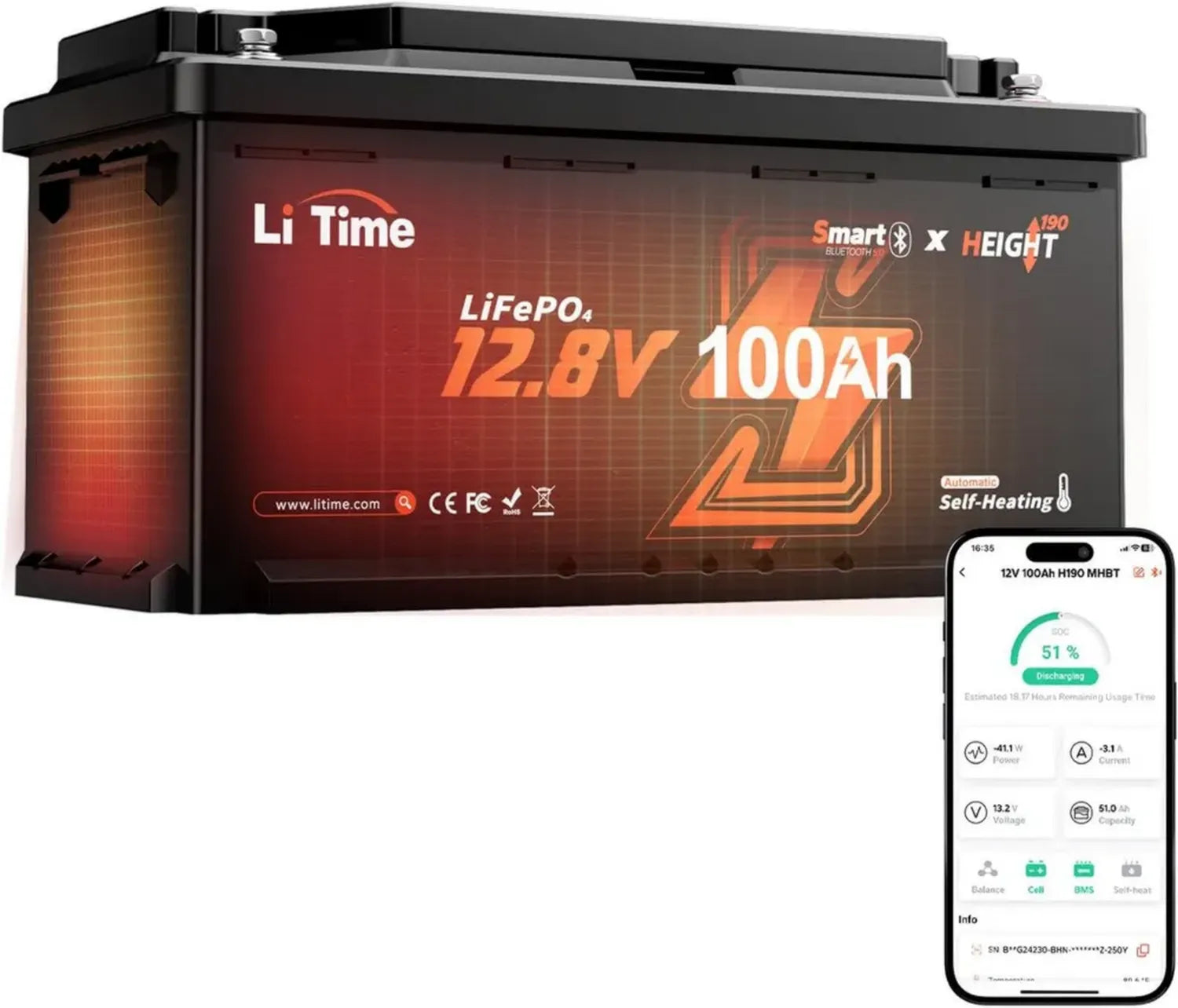 LiFePO4 12V 100Ah Batterie mit Bluetooth und intelligenter Heizung, 200A BMS, 1280Wh, 2C Entladung, bis zu 15000 Zyklen, ideal für Wohnmobile und Camping