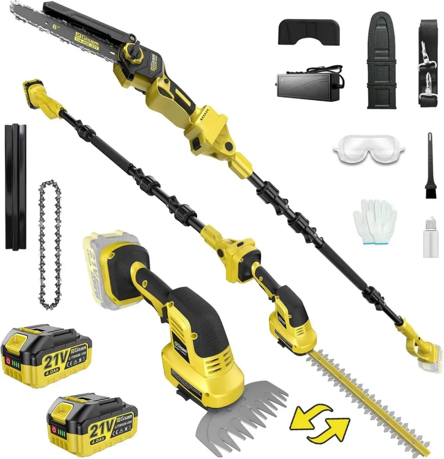 Elektrische 8-Zoll Kettensäge & Teleskopschneider Set, 2500W bürstenloser Motor, 2x4.0Ah Akku, kompatibel mit Makita 18V, 0-180° verstellbar, 4,5m Reichweite für Hecken- und Baumschnitt
