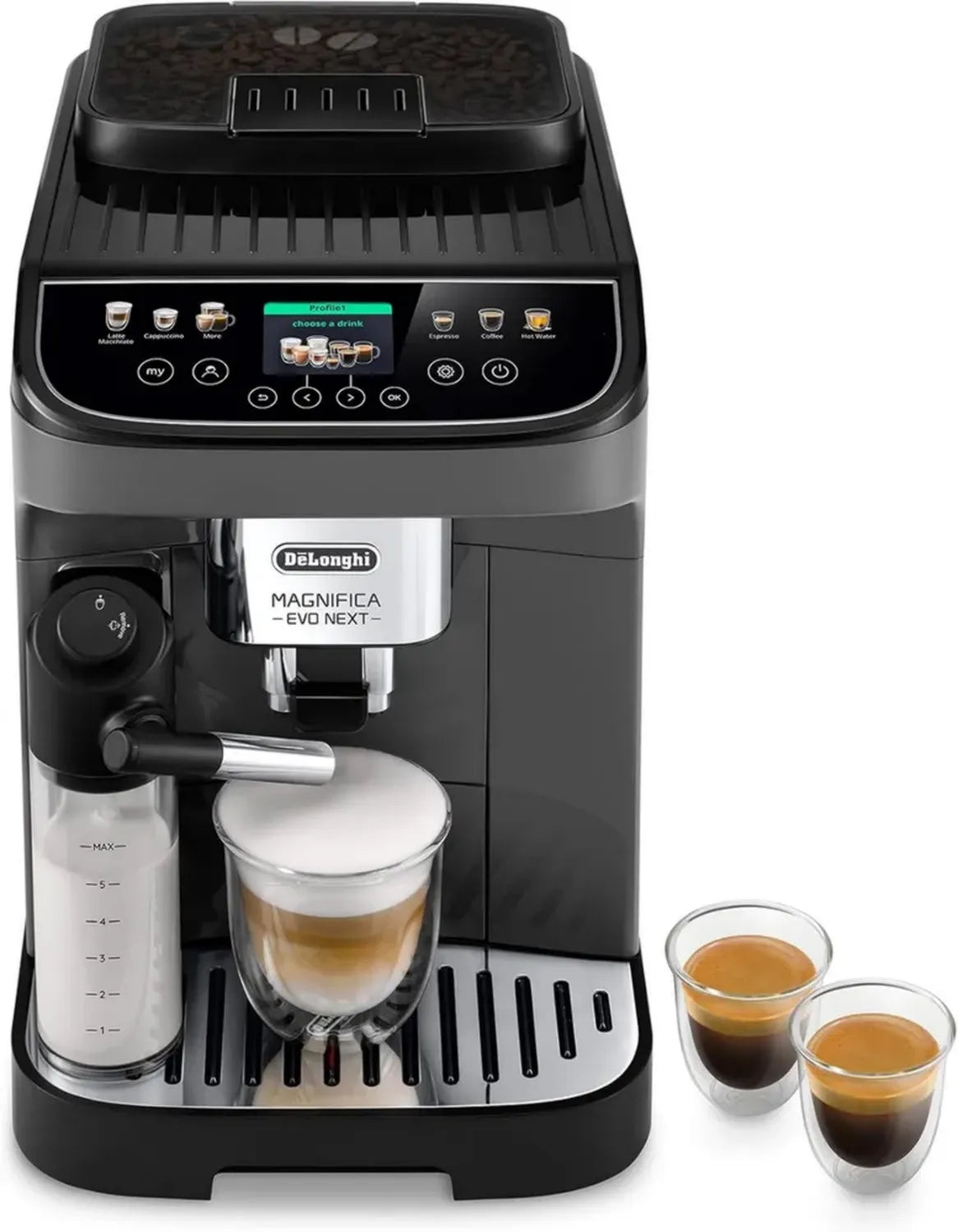 De'Longhi Magnifica Evo Next Kaffeevollautomat mit Milchaufschäumer, 10 Rezeptoptionen, Farbdisplay, Grau/Schwarz