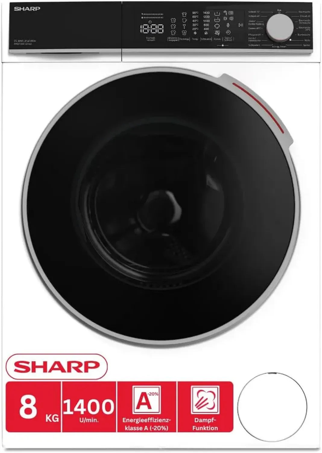 SHARP Waschmaschine 8kg, 1400 U/Min, WLAN, Dampf, AllergySmart, AquaStop