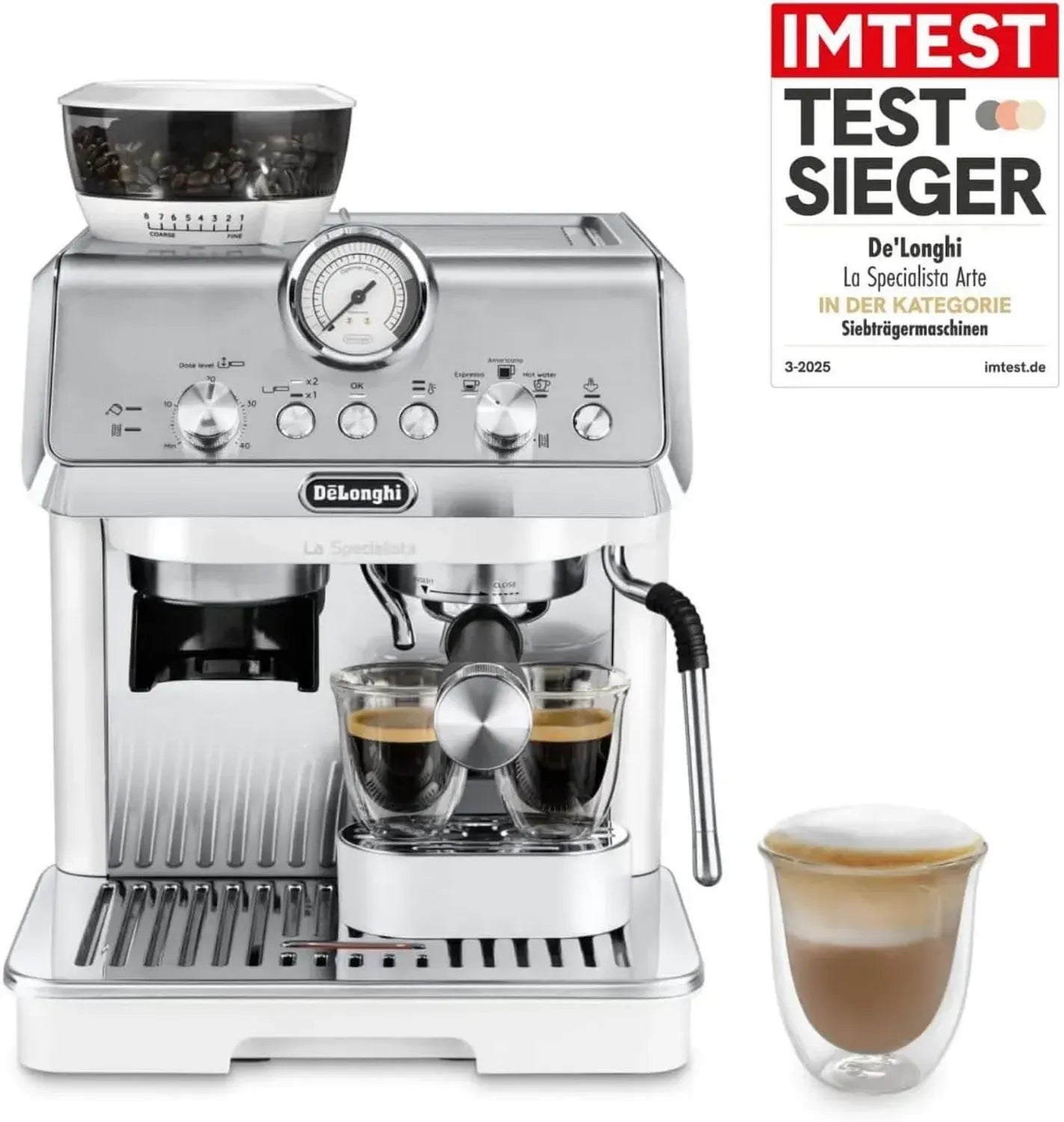 De'Longhi Espressomaschine La Specialista Arte EC9155.W mit 8-stufigem Mahlwerk, Milchschaumdüse, 15 Bar Druck, 3 Temperaturstufen, 1,7L Tank, Weiß