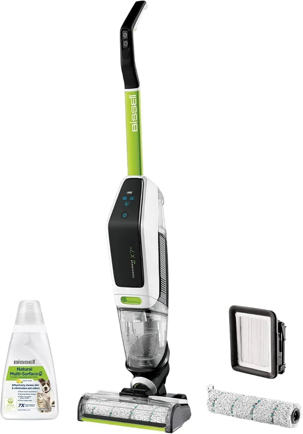 Bissell CrossWave X7 Plus Kabelloser Multiflächen-Reiniger für Haustiere, 3-in-1 Nass-/Trockenreinigung, Teppiche, Fliesen & Holzböden, Pet Turbo Modus, Zwei-Tank-System, Grün/Weiß/Schwarz