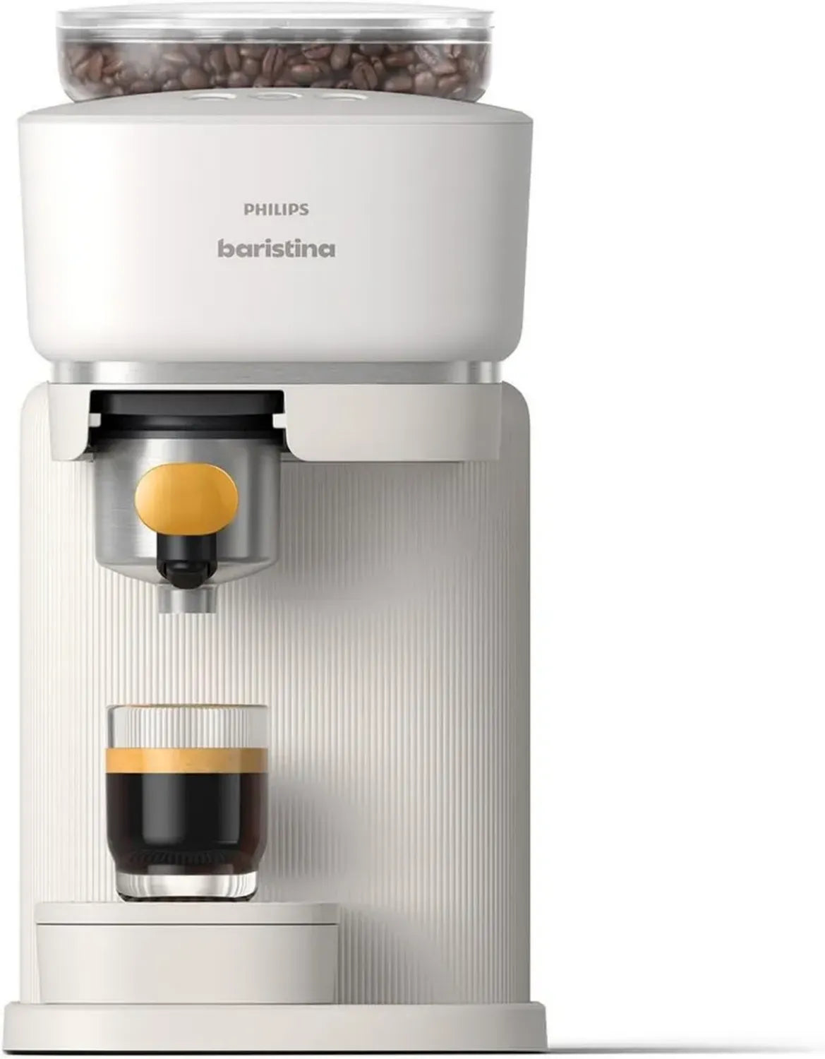 Philips Baristina Espressomaschine - Echter Espresso, leicht gemacht. Kompakte Kaffeemaschine, Naturweiß mit mangogelbem Siebträger, 16-Bar-Druck, automatisches Mahlwerk, Café Crema (BAR300/03)