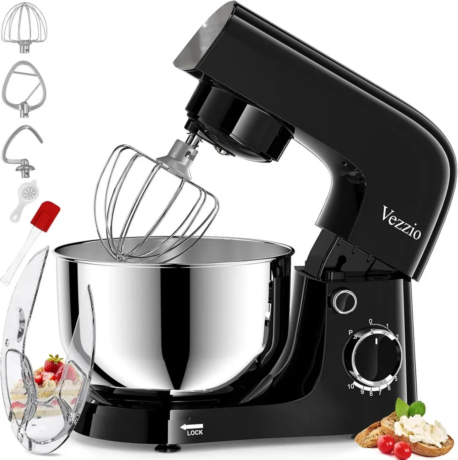 Vezzio 1500W Küchenmaschine, 10-stufig, geräuscharm, 4,5L Schüssel, inkl. Zubehör, schwarz