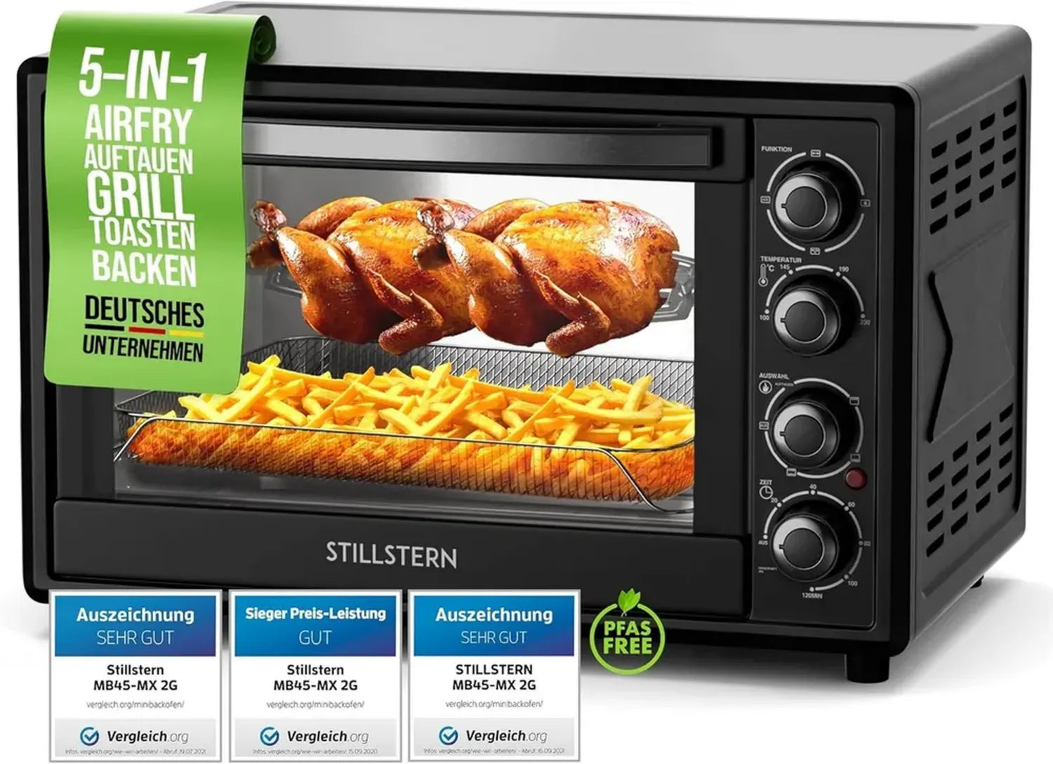 Stillstern Umluft-Mini-Backofen 45L, Antihaftbeschichtung, Auftau- und Grillfunktion, 2-Stunden-Timer, kompakt für Camping & Küche