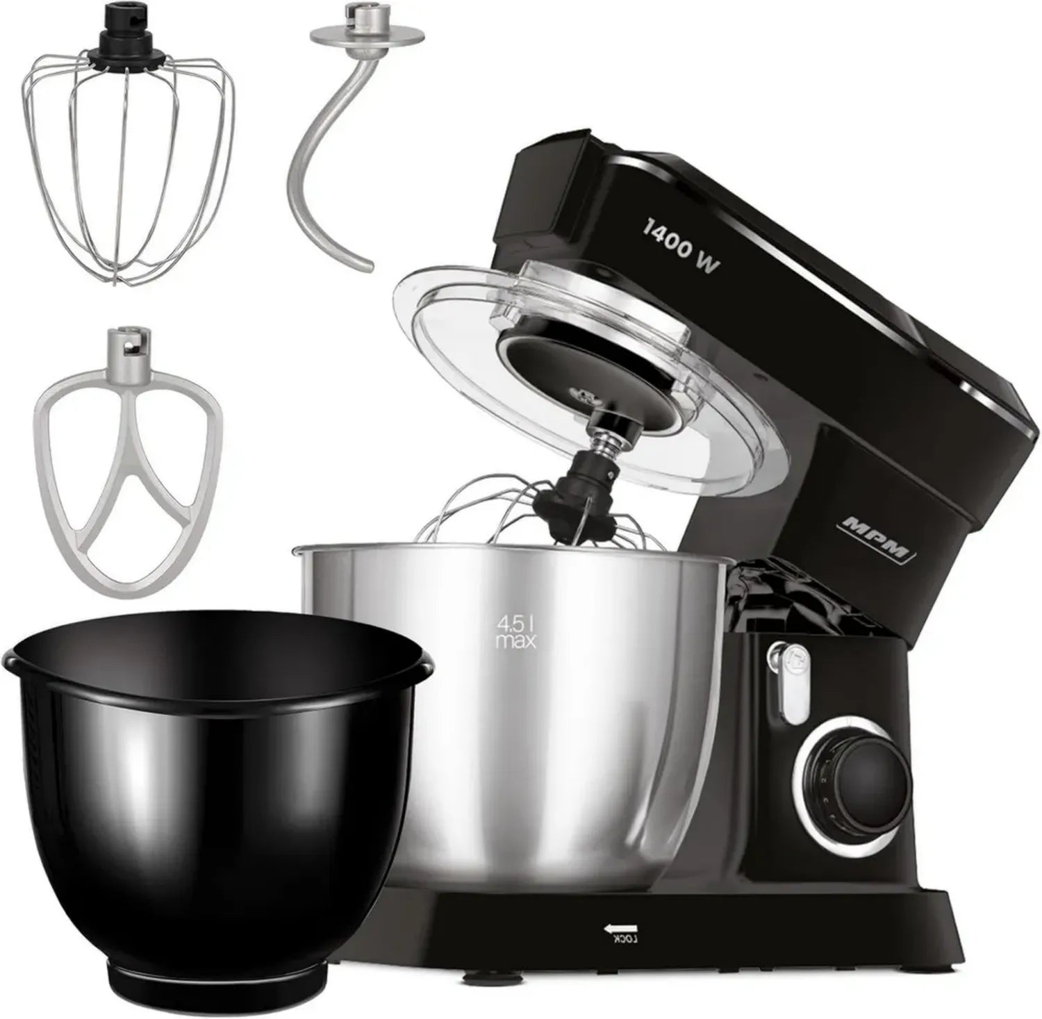 MPM Küchenmaschine MRK-25, 4,5L Planetarischer Mixer, 1400W mit 2 Schüsseln und 3 Rührbesen