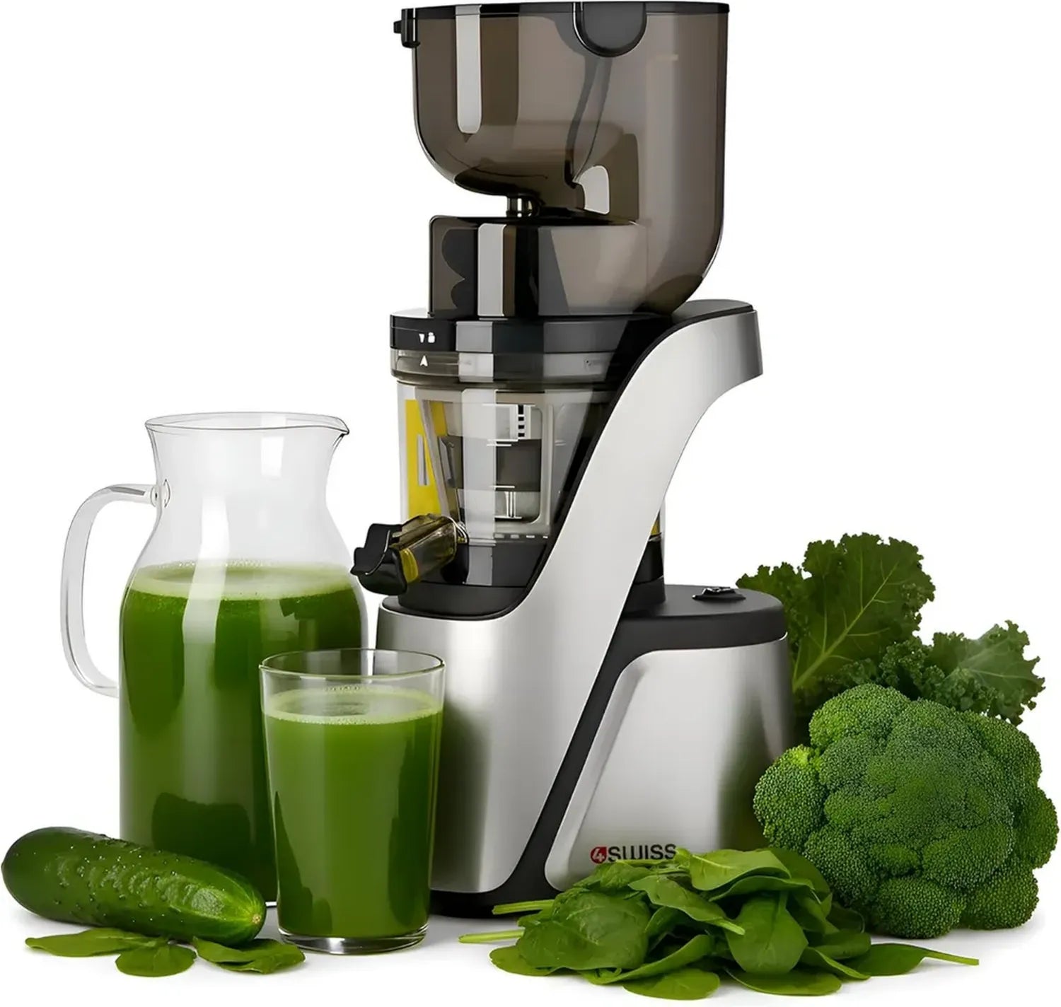 4Swiss Slow Juicer Elektrische Saftpresse für Gemüse und Obst, 400W, Langlebig und Leicht zu Reinigen, Silber – Modell BM105