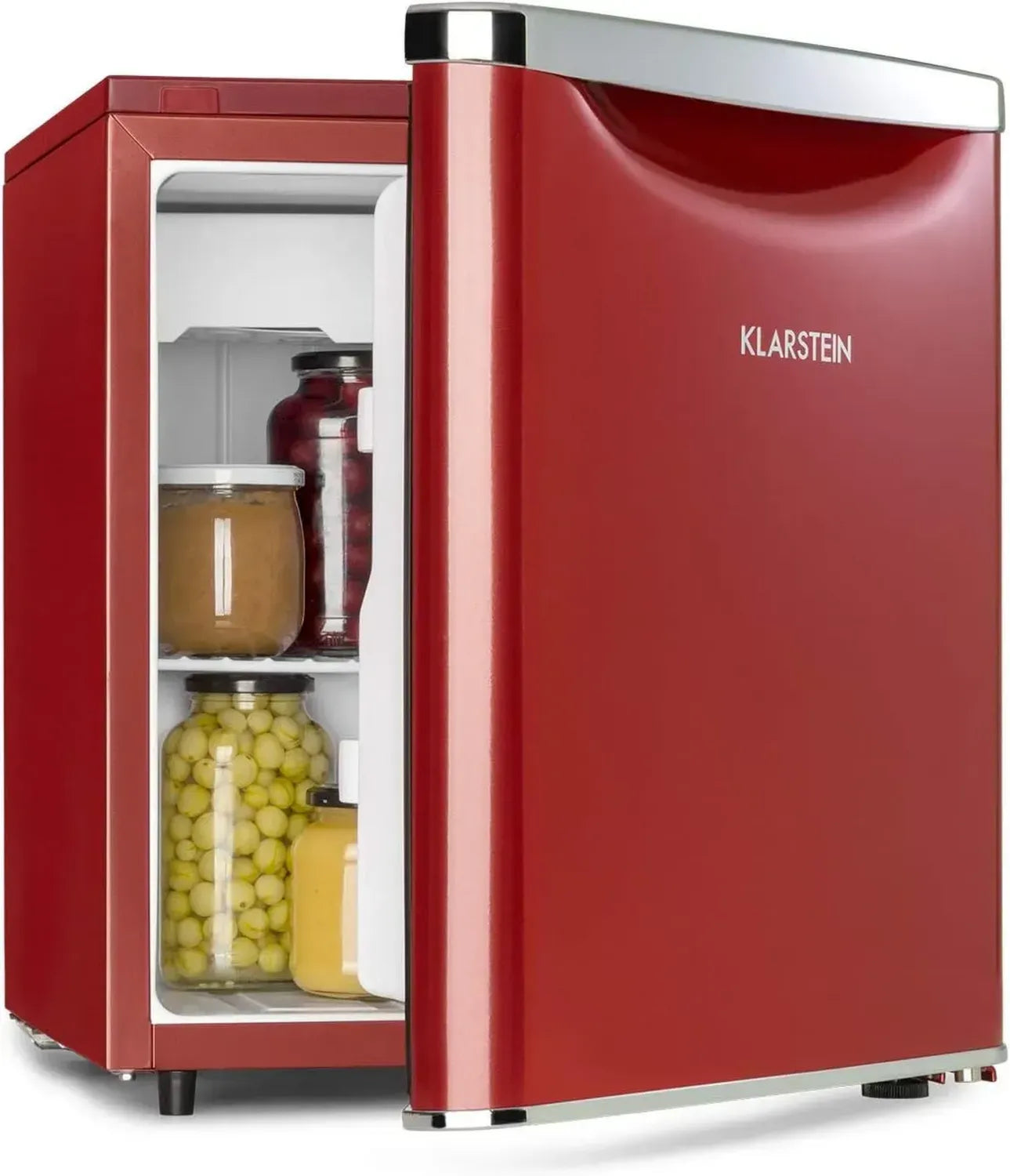 Klarstein Yummy Retro Kühlschrank mit Gefrierfach, 47L, Leises Betriebsgeräusch, R600a Kühlmittel, Stilvolles Design in Rot