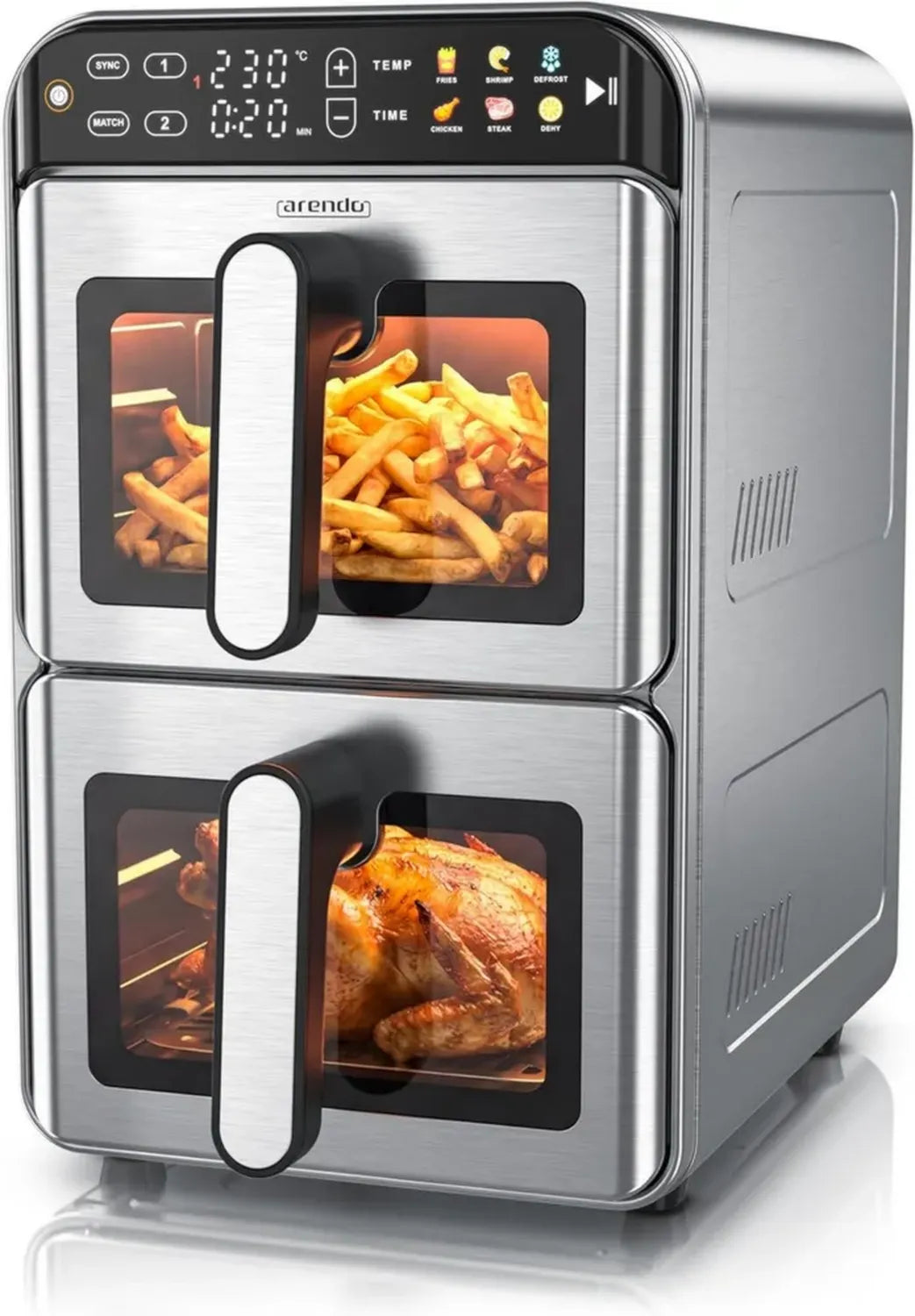 Arendo Heißluftfritteuse XXL mit Edelstahlgehäuse - Doppelkammersystem, 11L Volumen - Zwei Temperaturzonen mit Sichtfenster und Infrarot-Heizelement