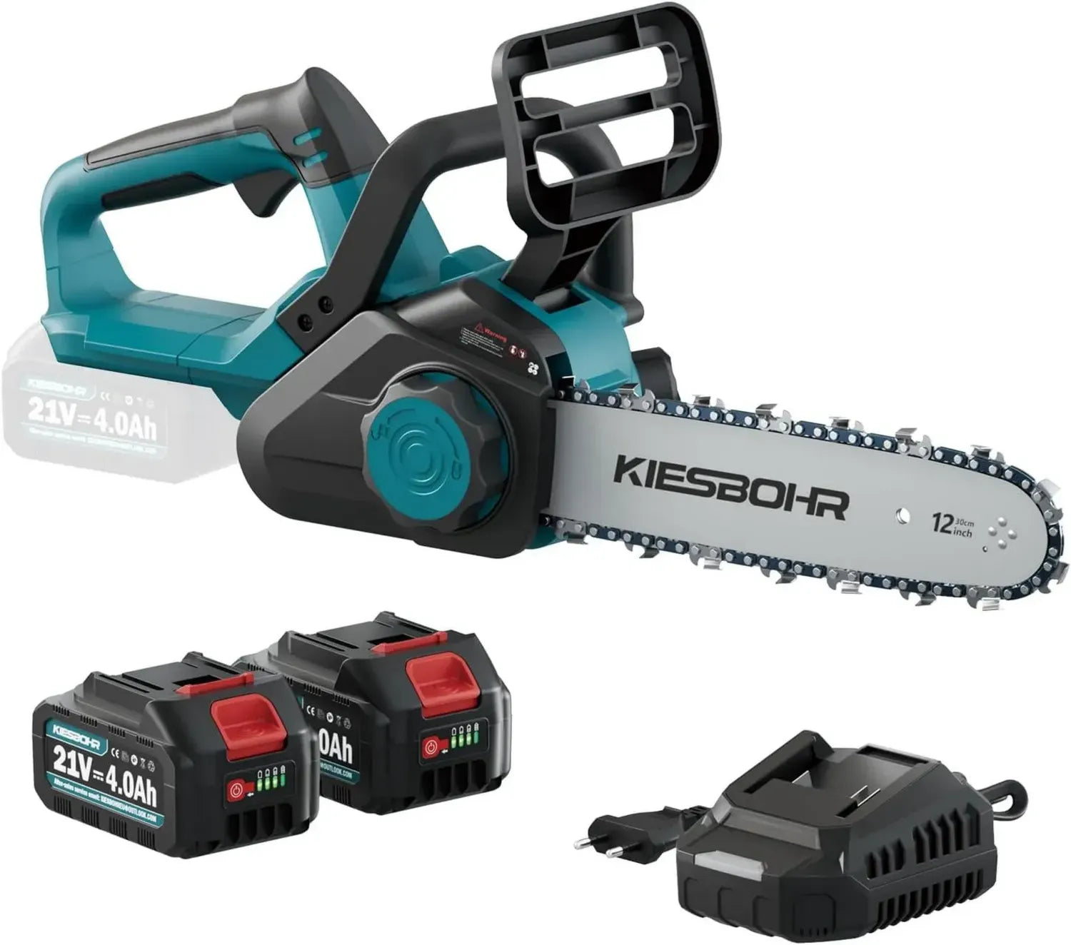 Kabellose 30cm Kettensäge mit Bürstenlosem Motor, 21V, inkl. Automatischer Kettenschmierung & Spannung, 2x 4000mAh Akkus, 2 Ketten
