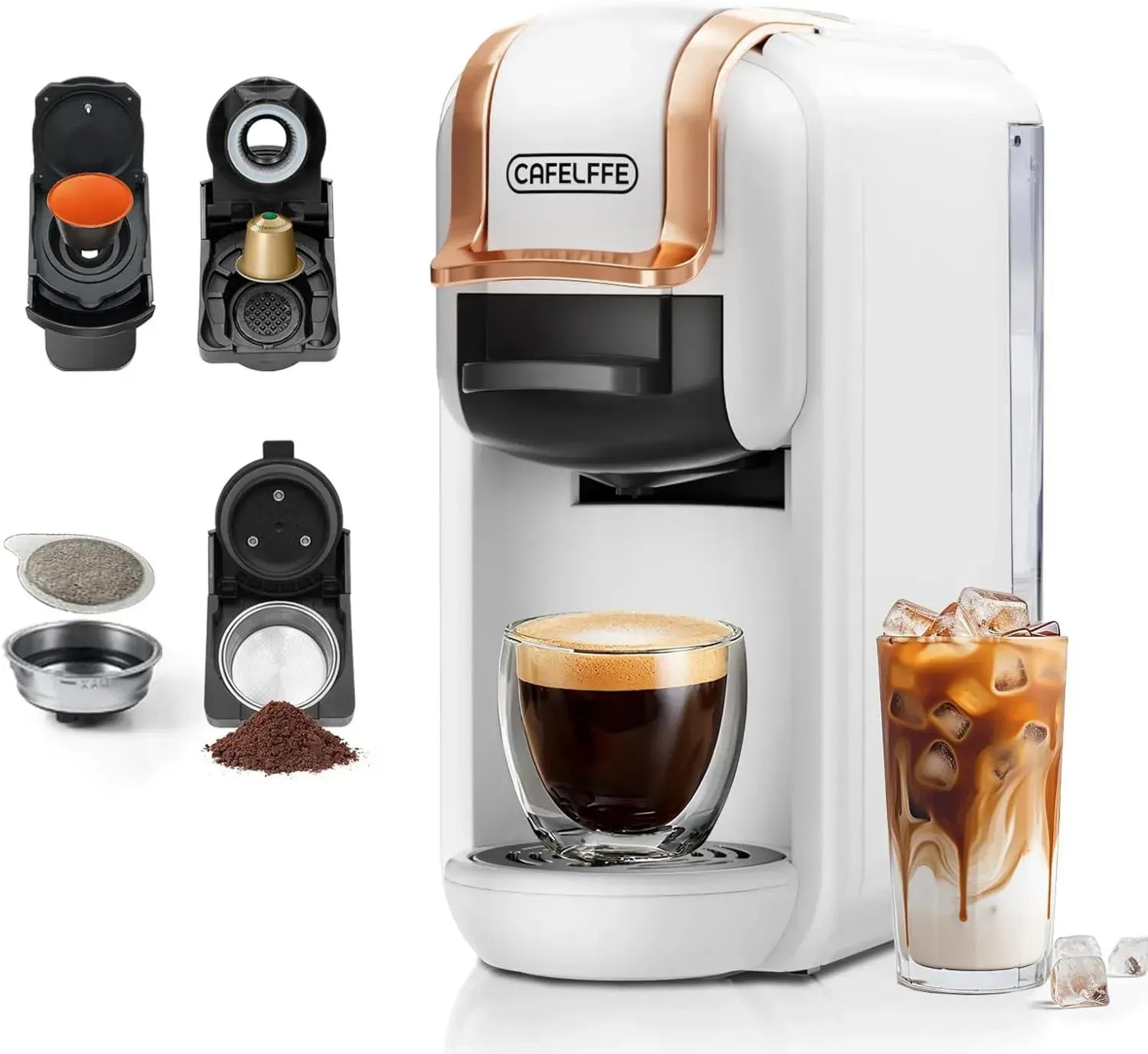 CAFELFFE Mehrfachsystem-Kaffeemaschine 19 Bar, Kapseln & Pulver, Energiesparend, 0,6L, Weiß