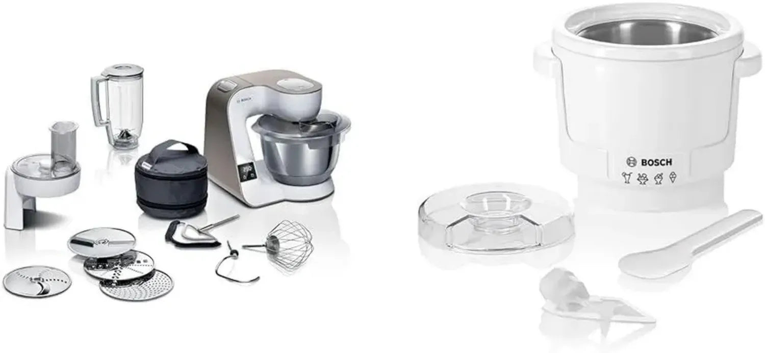 Bosch Küchenmaschine Serie 4 MUM5XW20 mit 3,9L Edelstahlschüssel & Ice-Maker MUZ5EB2, 550ml für Eis, Sorbet und Frozen Joghurt, weiß