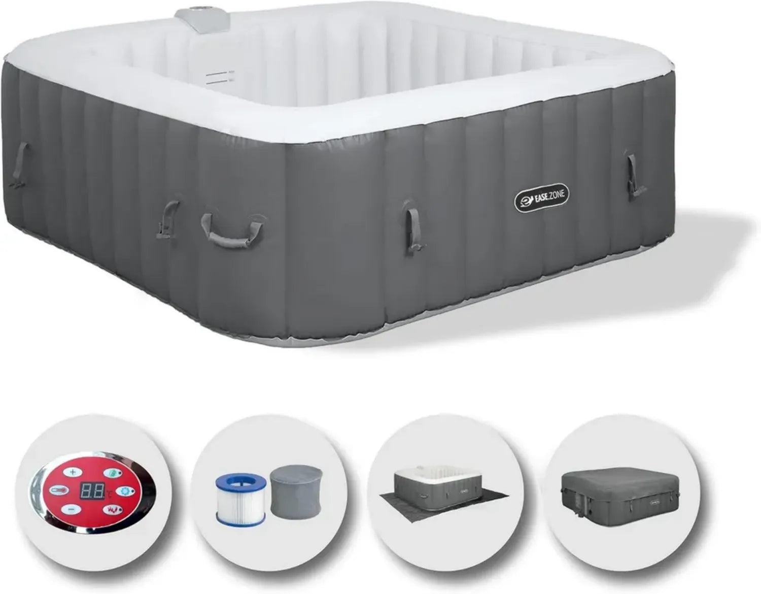 Aufblasbarer Whirlpool für 4 Personen, beheizt, quadratisch, 145 x 145 x 65 cm, leise Pumpe, Grau