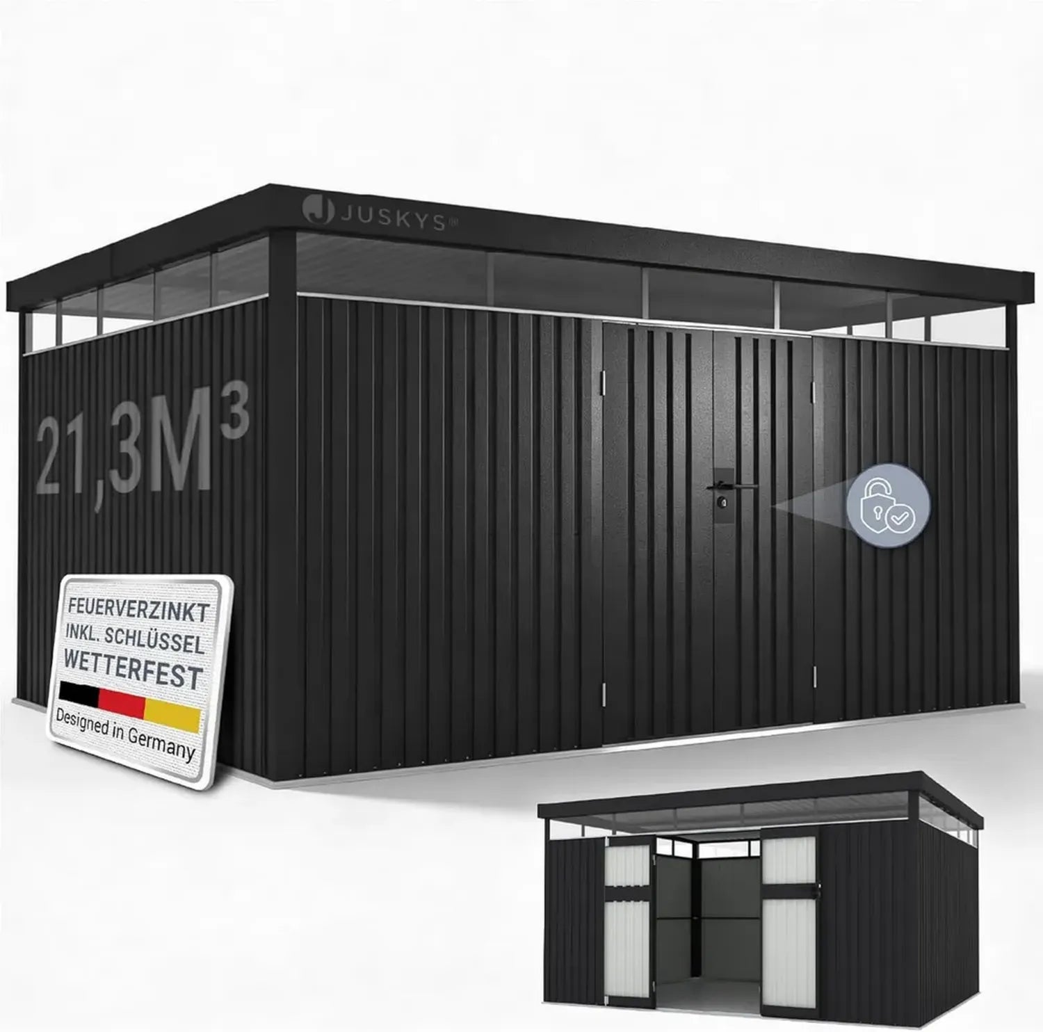 Großes Metallgerätehaus Luzern XL mit Fenstern und Türen, wetterfest und abschließbar, ideal für Fahrräder und als Gartenhaus, Anthrazit, 12 m²